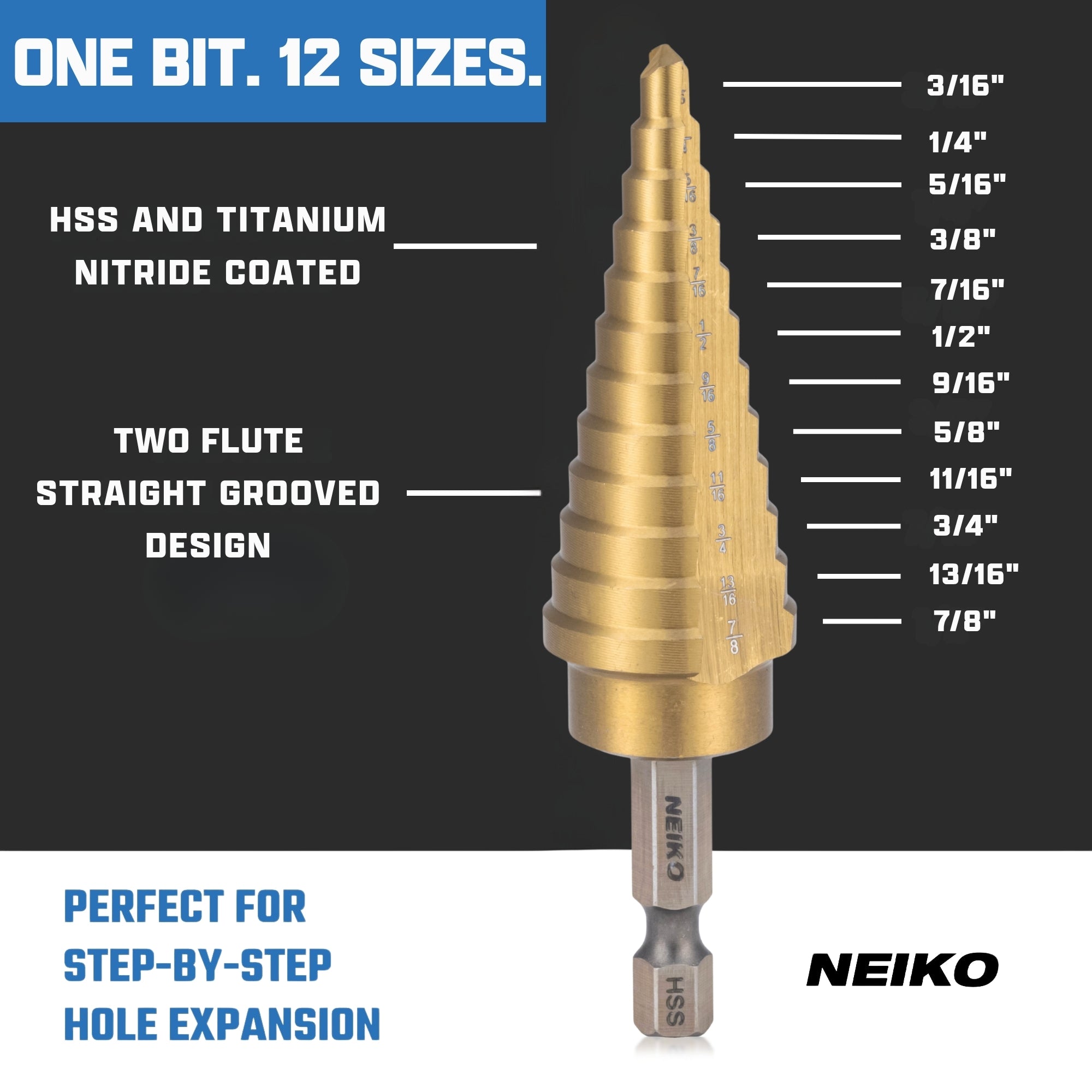 NEIKO 10610A Step Drill Bit, 12 Steps 3/16" to 7/8" Straight High Speed Steel, Titanium Nitride Coated, 1/4" Quick Change Step Bits for Steel, Metal, Wood, Plastic, Unibit Cone Drill Bits, Two Flute