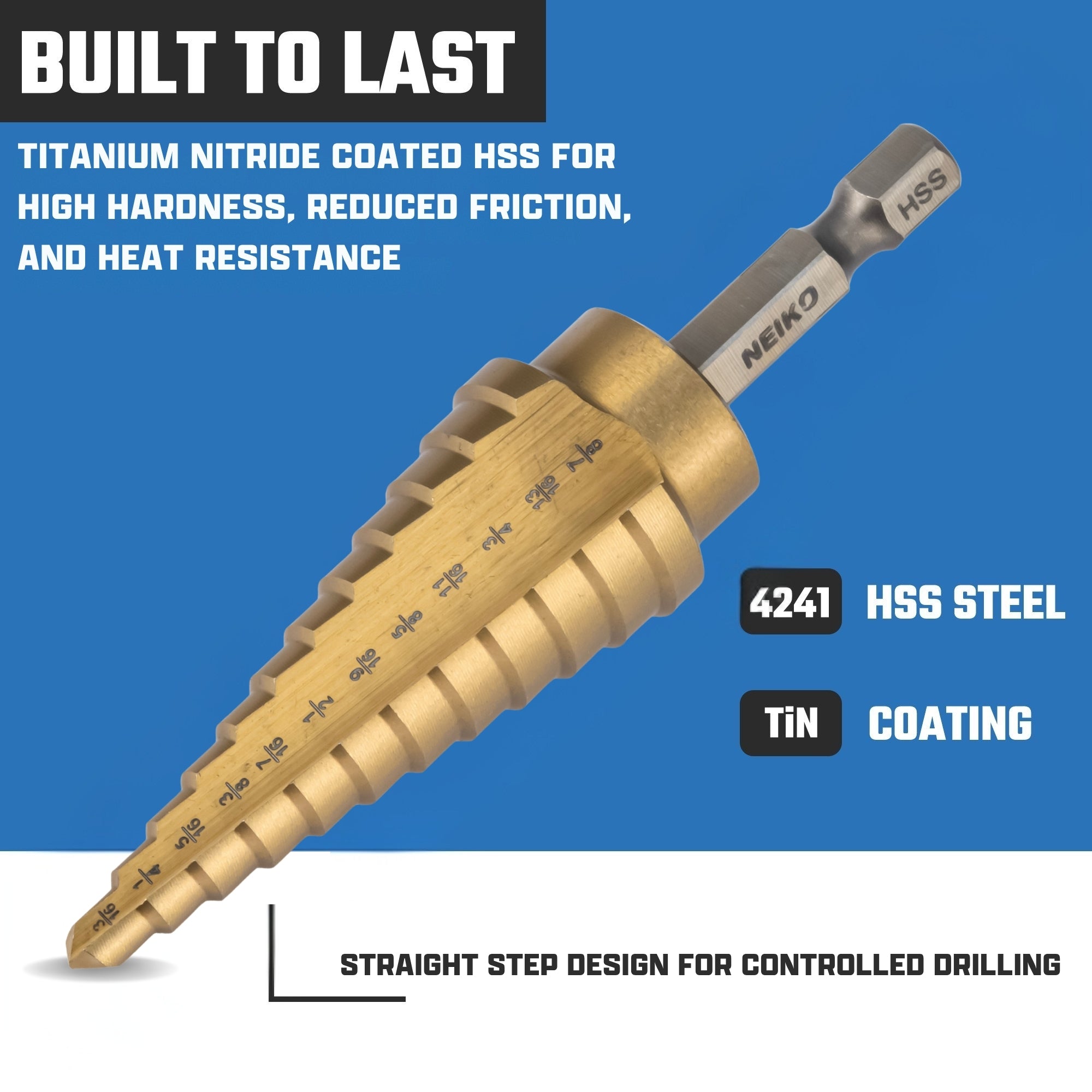 NEIKO 10610A Step Drill Bit, 12 Steps 3/16" to 7/8" Straight High Speed Steel, Titanium Nitride Coated, 1/4" Quick Change Step Bits for Steel, Metal, Wood, Plastic, Unibit Cone Drill Bits, Two Flute