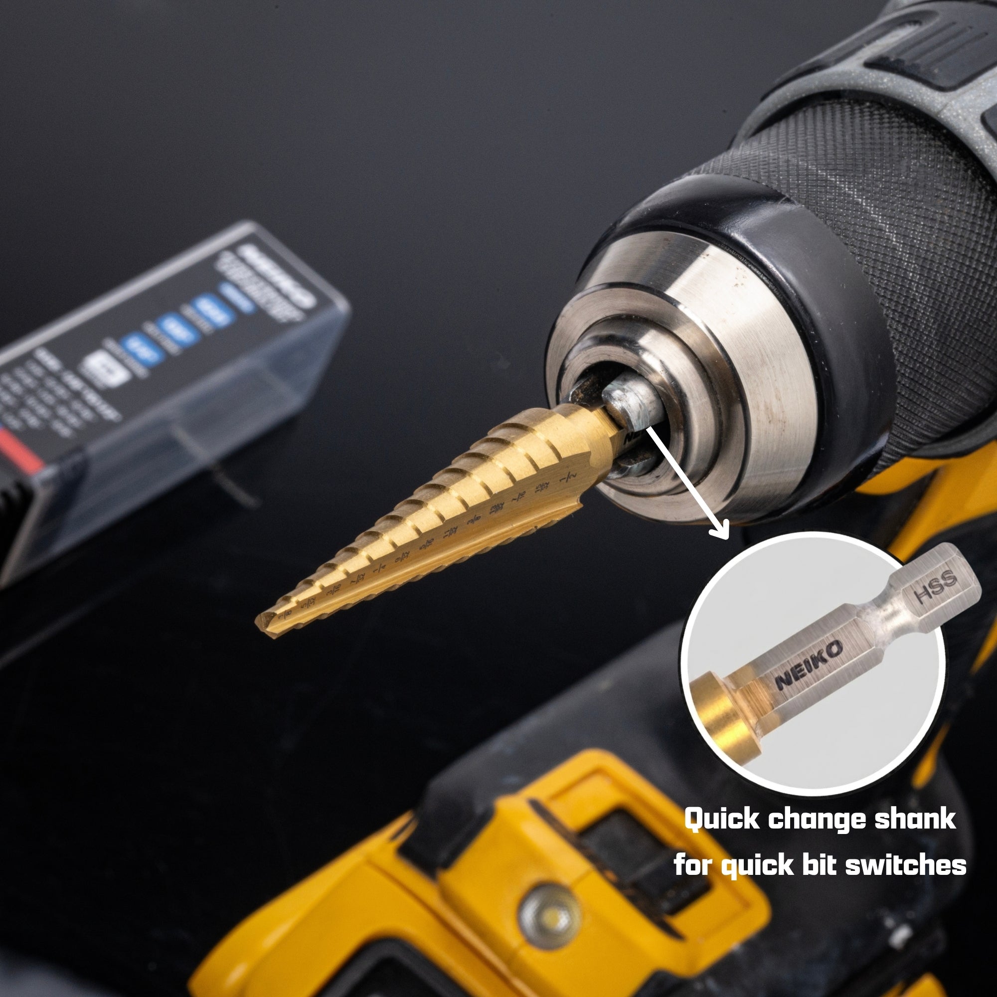 NEIKO 10610A Step Drill Bit, 12 Steps 3/16" to 7/8" Straight High Speed Steel, Titanium Nitride Coated, 1/4" Quick Change Step Bits for Steel, Metal, Wood, Plastic, Unibit Cone Drill Bits, Two Flute