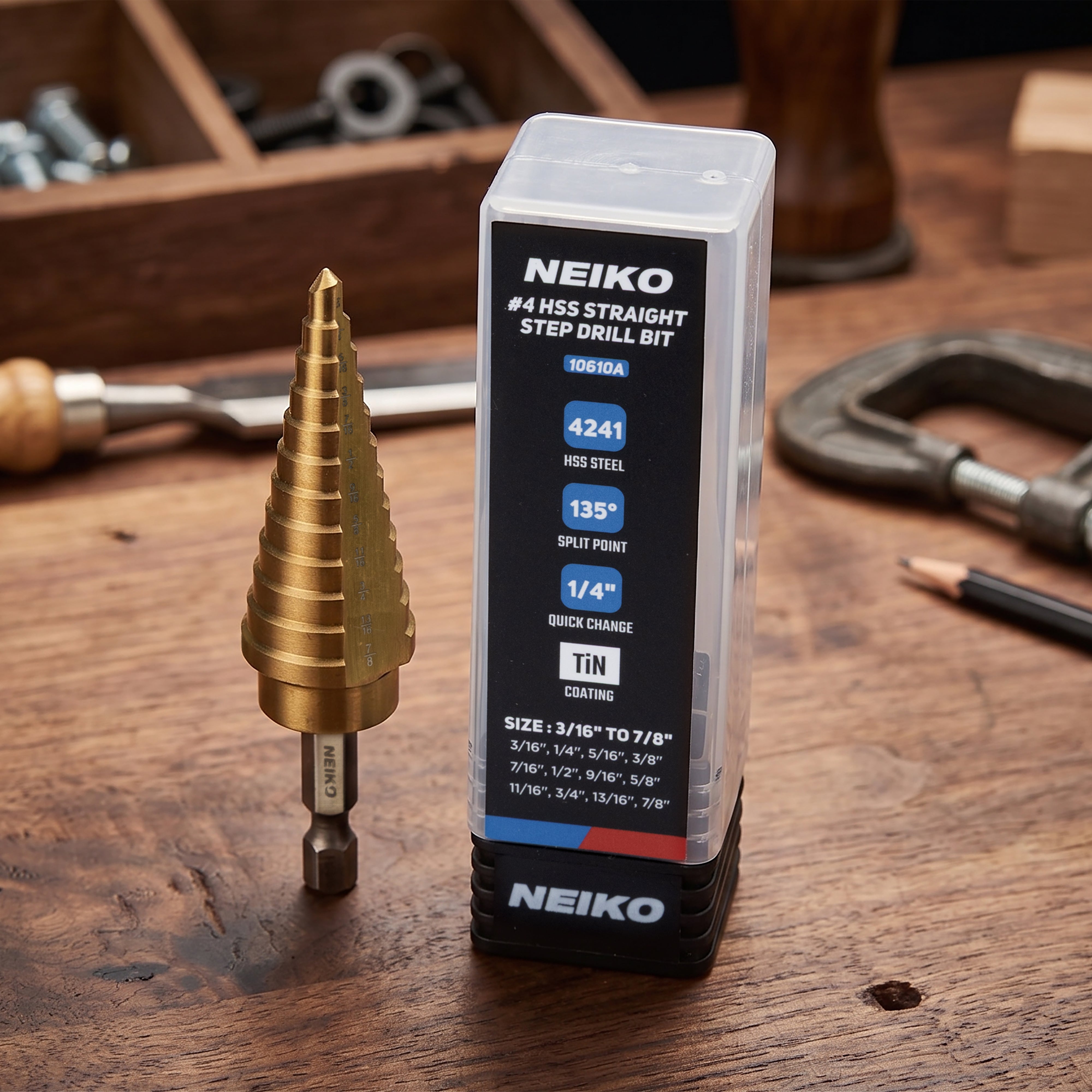 NEIKO 10610A Step Drill Bit, 12 Steps 3/16" to 7/8" Straight High Speed Steel, Titanium Nitride Coated, 1/4" Quick Change Step Bits for Steel, Metal, Wood, Plastic, Unibit Cone Drill Bits, Two Flute