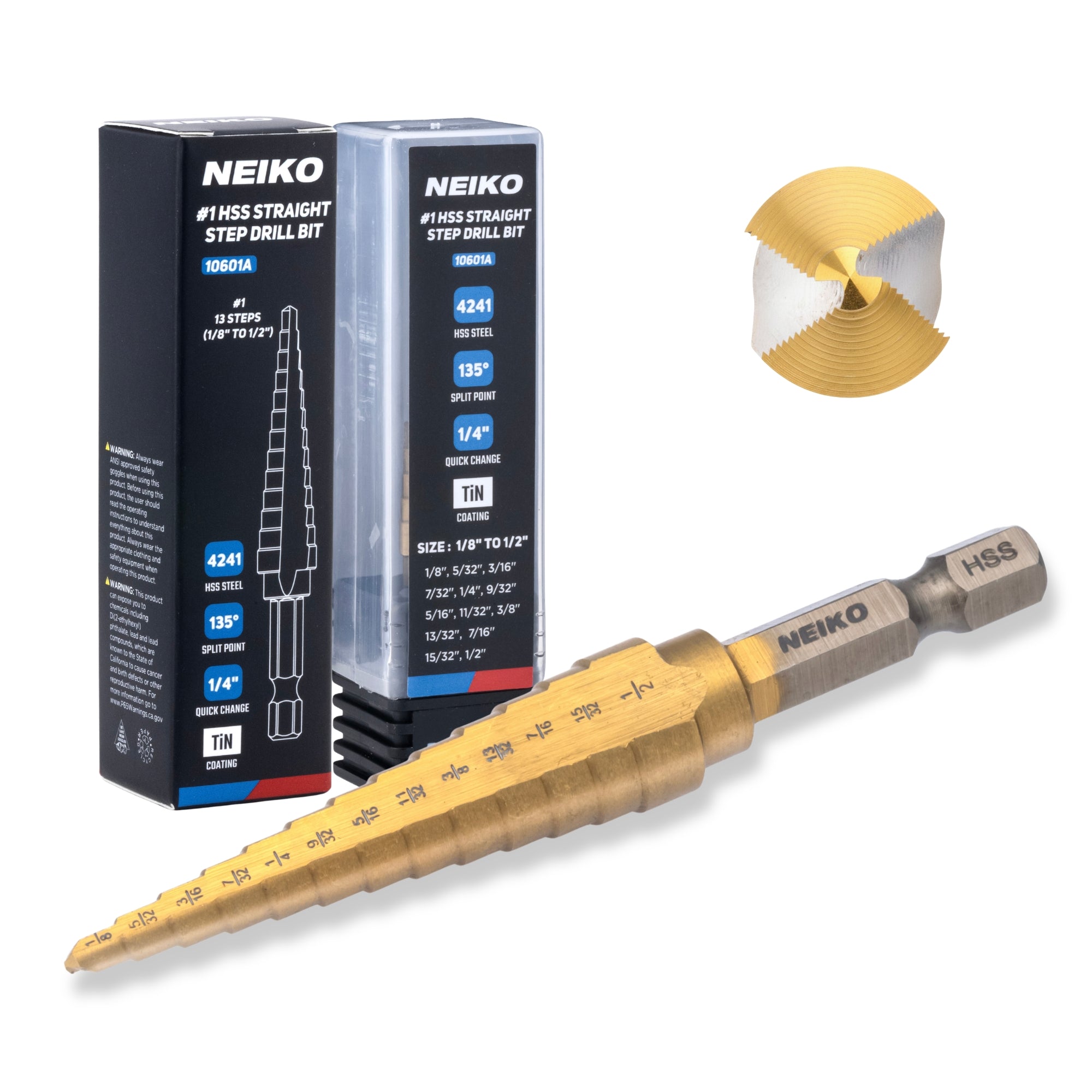 NEIKO 10601A Step Drill Bit, 13 Steps 1/8" to 1/2" Straight High Speed Steel, Titanium Nitride Coated, 1/4" Quick Change Step Bits for Steel, Metal, Wood, Plastic, Unibit Cone Drill Bits, Two Flute