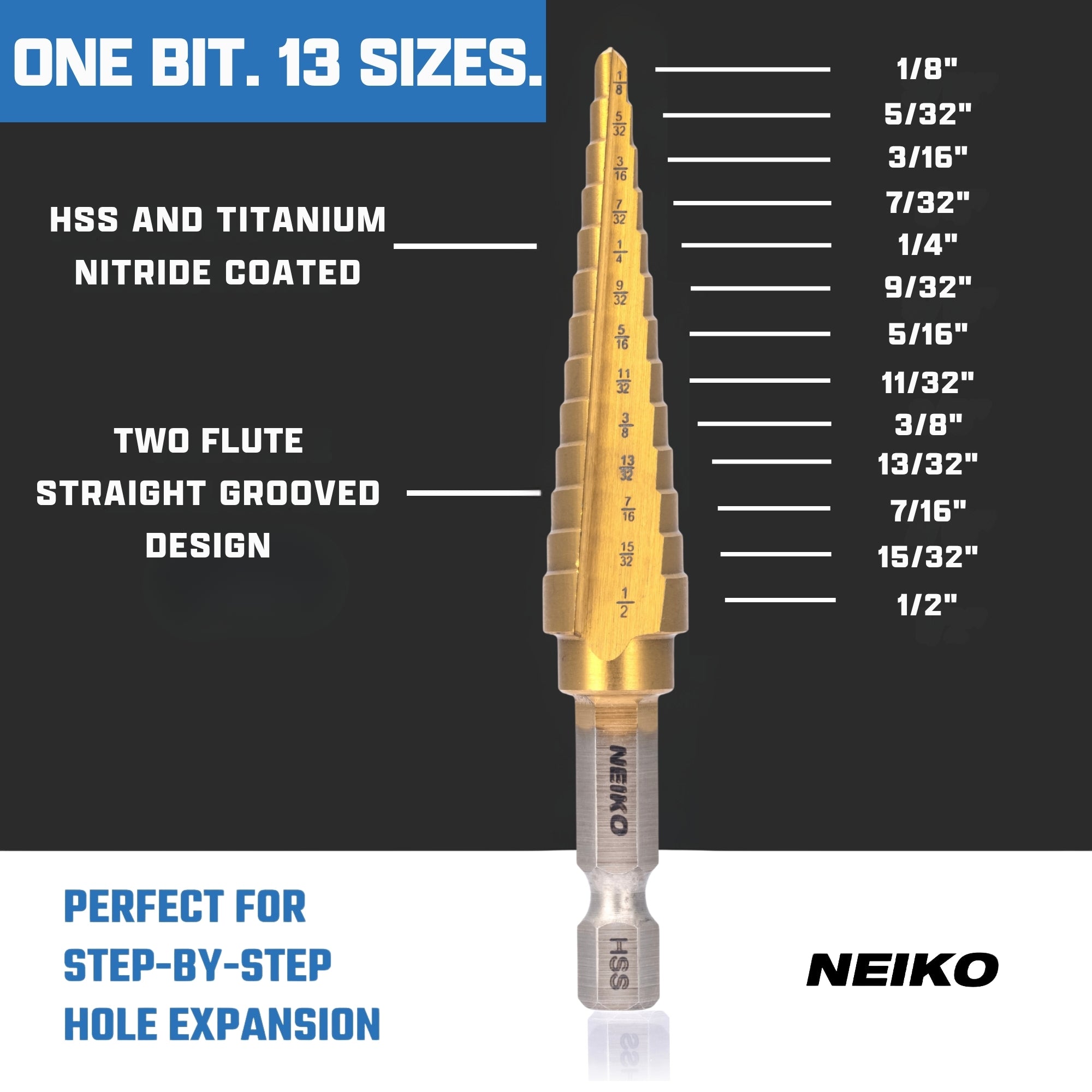 NEIKO 10601A Step Drill Bit, 13 Steps 1/8" to 1/2" Straight High Speed Steel, Titanium Nitride Coated, 1/4" Quick Change Step Bits for Steel, Metal, Wood, Plastic, Unibit Cone Drill Bits, Two Flute