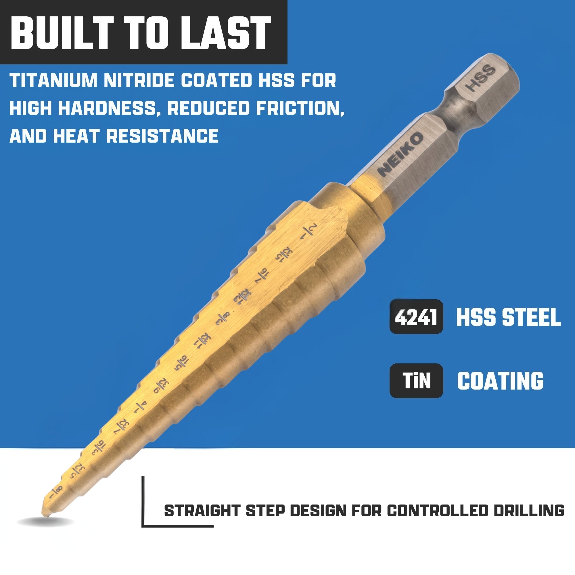 NEIKO 10601A Step Drill Bit, 13 Steps 1/8" to 1/2" Straight High Speed Steel, Titanium Nitride Coated, 1/4" Quick Change Step Bits for Steel, Metal, Wood, Plastic, Unibit Cone Drill Bits, Two Flute