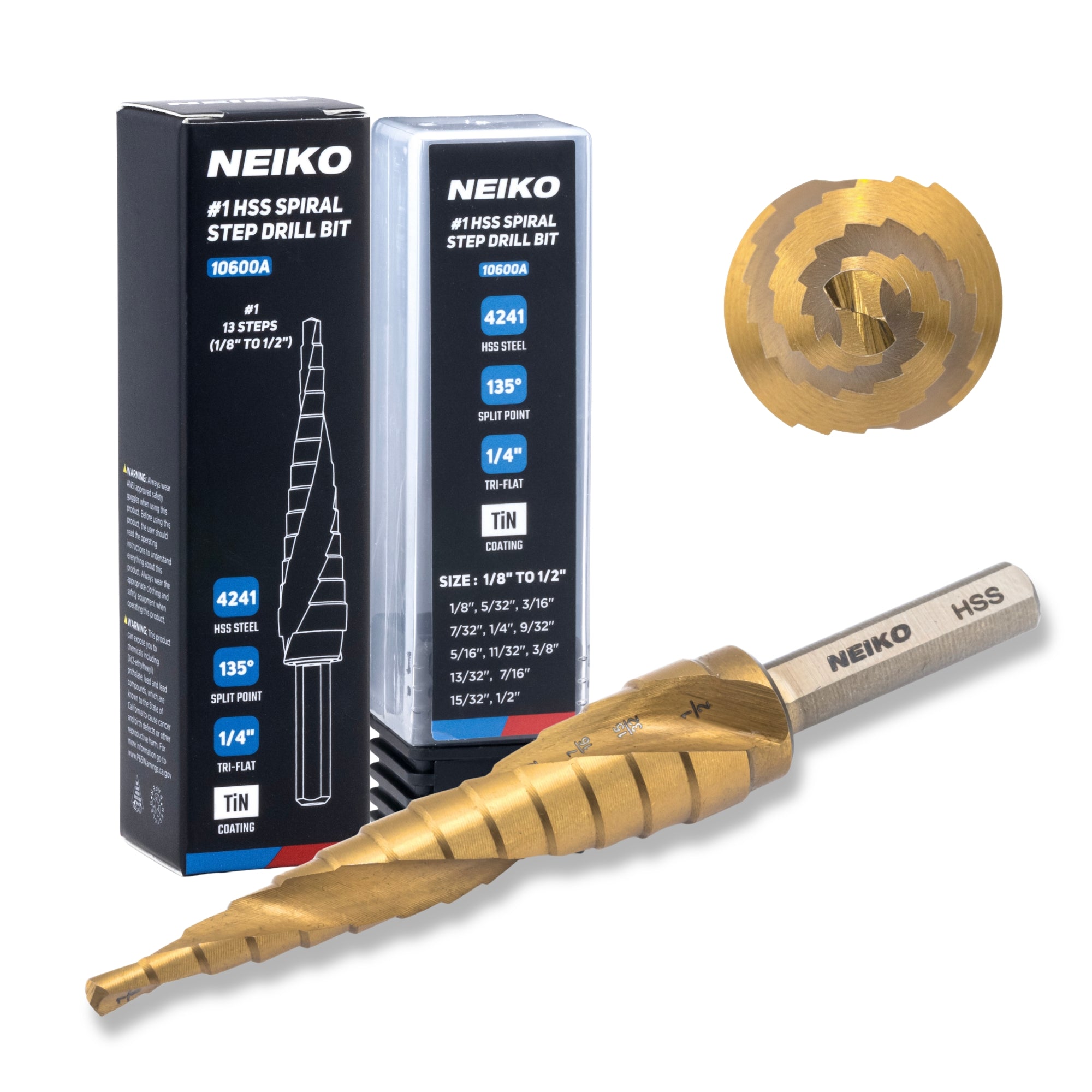 NEIKO 10600A Step Drill Bit, 13 Steps 1/8" to 1/2" Spiral High Speed Steel, Titanium Nitride Coated, 1/4" Tri Flat Step Bits for Steel, Metal, Wood, Plastic, Unibit Cone Drill Bits, Two Flute