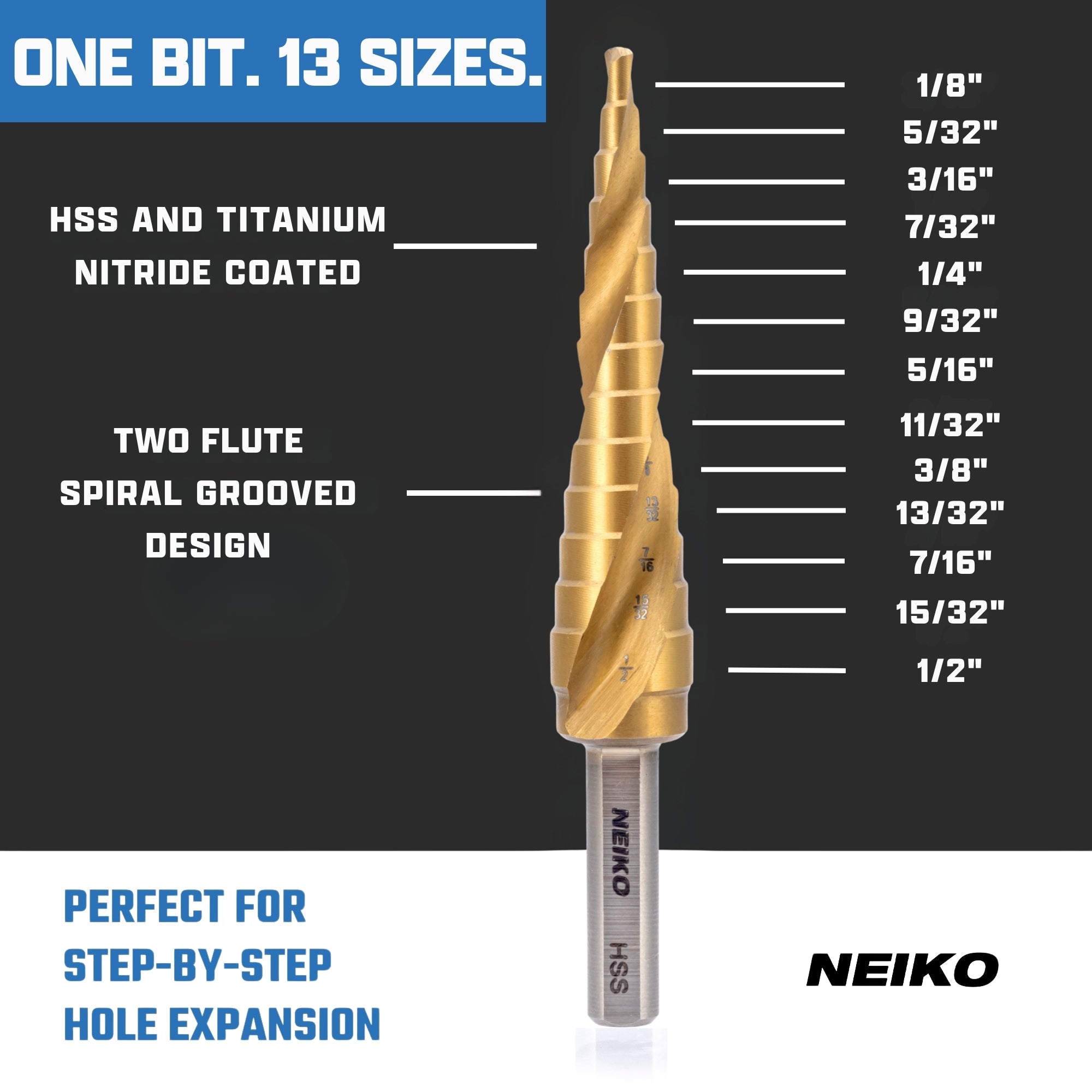 NEIKO 10600A Step Drill Bit, 13 Steps 1/8" to 1/2" Spiral High Speed Steel, Titanium Nitride Coated, 1/4" Tri Flat Step Bits for Steel, Metal, Wood, Plastic, Unibit Cone Drill Bits, Two Flute