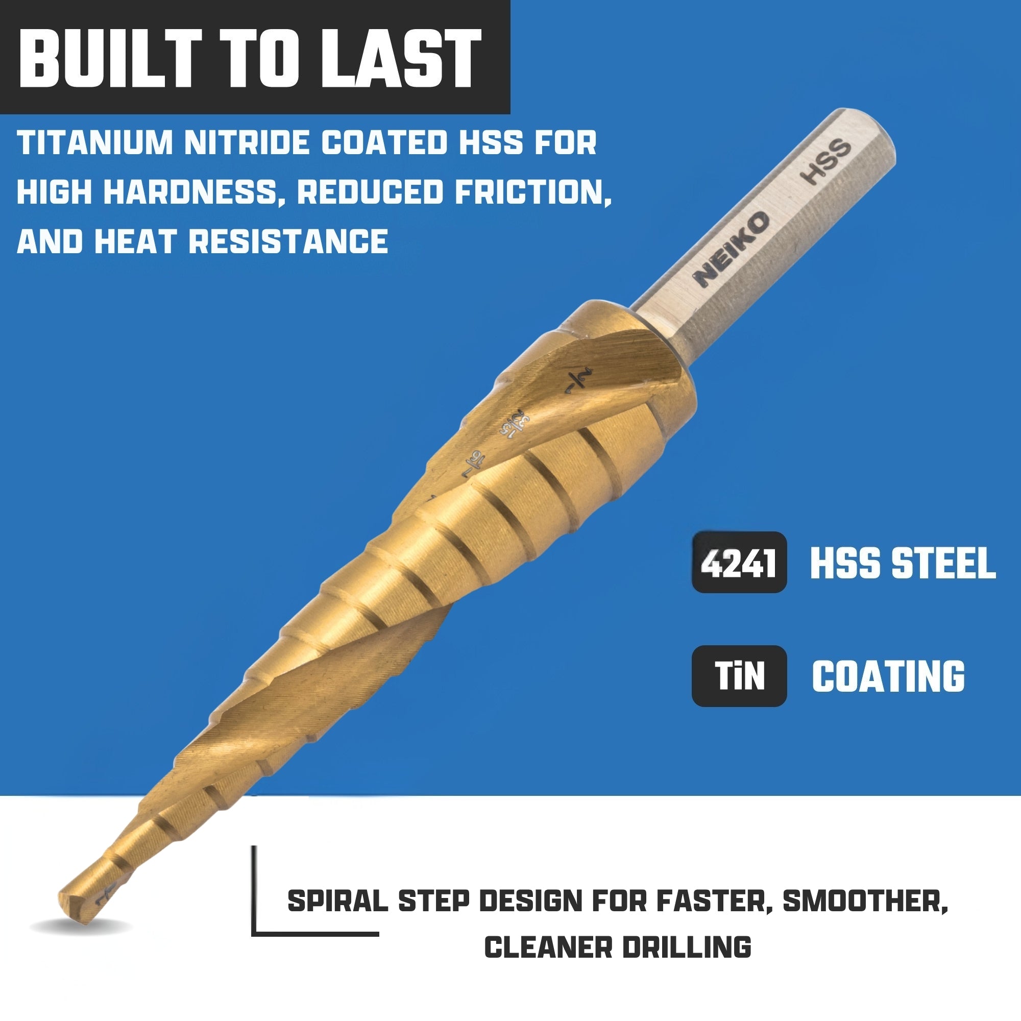 NEIKO 10600A Step Drill Bit, 13 Steps 1/8" to 1/2" Spiral High Speed Steel, Titanium Nitride Coated, 1/4" Tri Flat Step Bits for Steel, Metal, Wood, Plastic, Unibit Cone Drill Bits, Two Flute