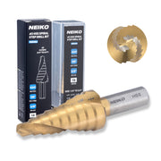 NEIKO 10606A Step Drill Bit, 9 Steps 1/4" to 3/4" Spiral High Speed Steel, Titanium Nitride Coated, 3/8" Tri Flat Step Bits for Steel, Metal, Wood, Plastic, Unibit Cone Drill Bits, Two Flute