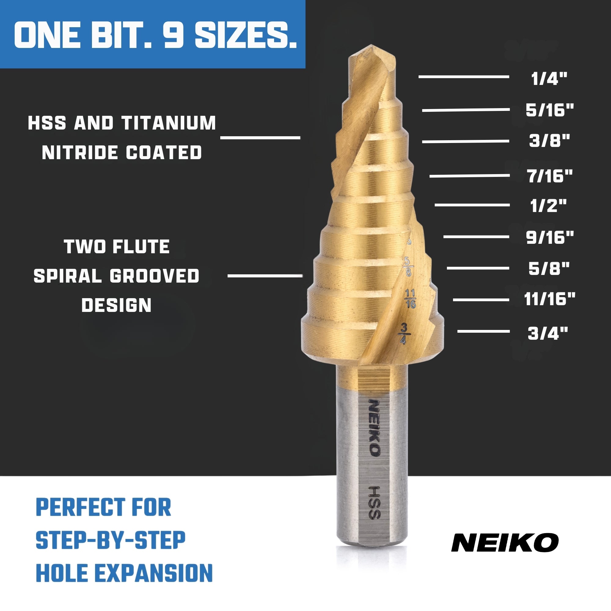 NEIKO 10606A Step Drill Bit, 9 Steps 1/4" to 3/4" Spiral High Speed Steel, Titanium Nitride Coated, 3/8" Tri Flat Step Bits for Steel, Metal, Wood, Plastic, Unibit Cone Drill Bits, Two Flute