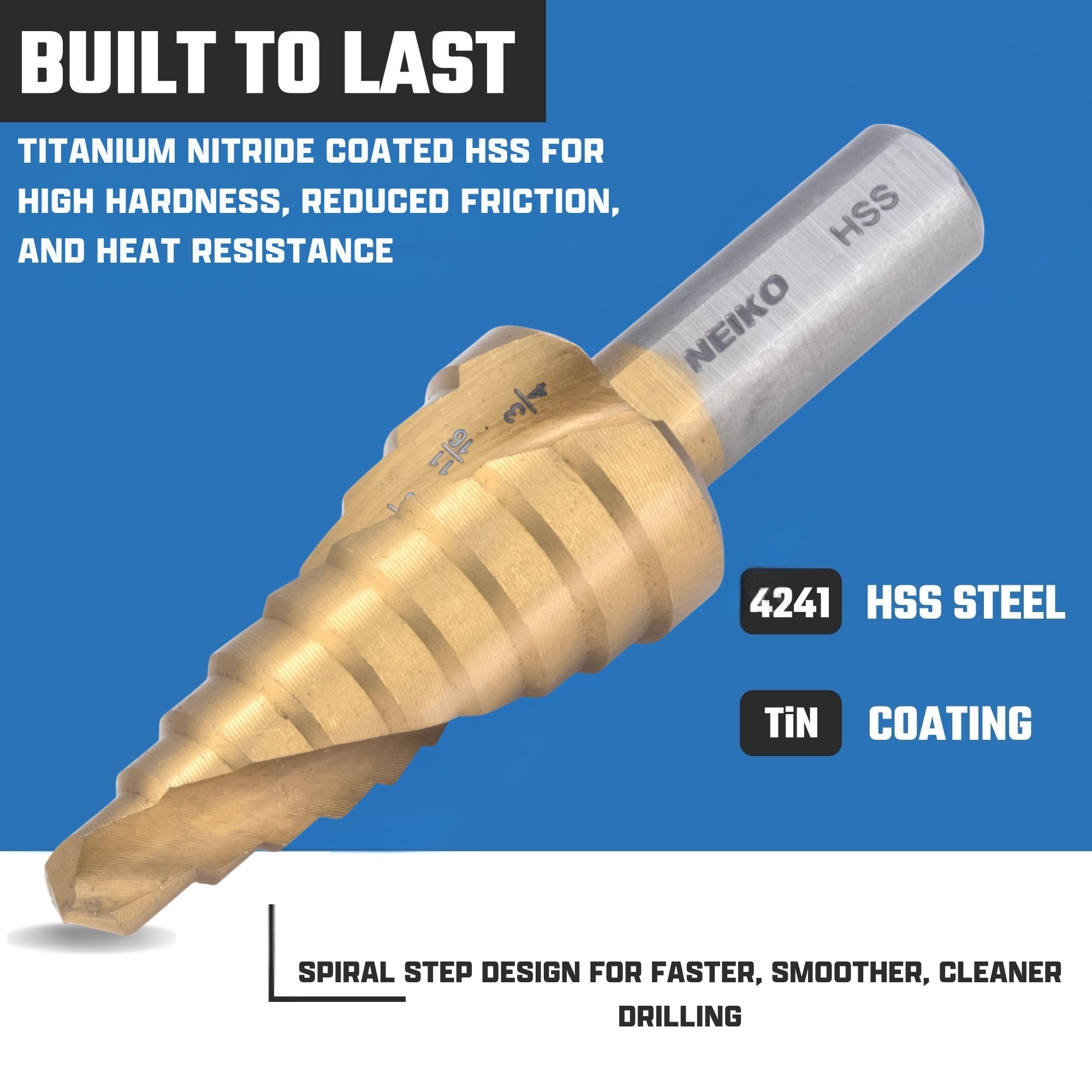 NEIKO 10606A Step Drill Bit, 9 Steps 1/4" to 3/4" Spiral High Speed Steel, Titanium Nitride Coated, 3/8" Tri Flat Step Bits for Steel, Metal, Wood, Plastic, Unibit Cone Drill Bits, Two Flute