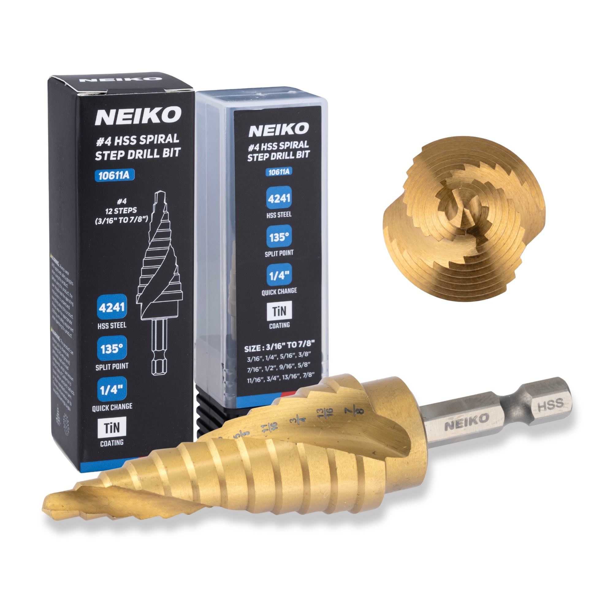 NEIKO 10611A Step Drill Bit, 12 Steps 3/16" to 7/8" Spiral High Speed Steel, Titanium Nitride Coated, 1/4" Quick Change Step Bits for Steel, Metal, Wood, Plastic, Unibit Cone Drill Bits, Two Flute