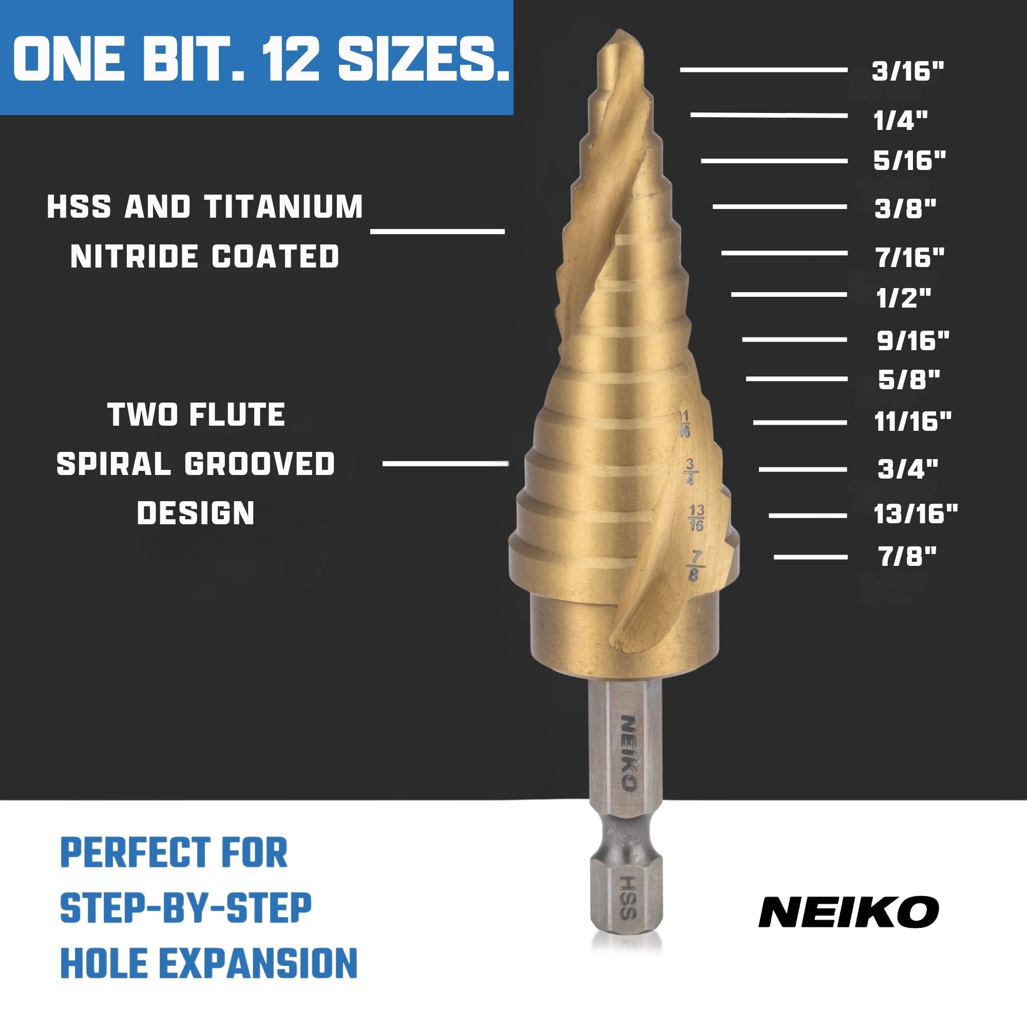 NEIKO 10611A Step Drill Bit, 12 Steps 3/16" to 7/8" Spiral High Speed Steel, Titanium Nitride Coated, 1/4" Quick Change Step Bits for Steel, Metal, Wood, Plastic, Unibit Cone Drill Bits, Two Flute