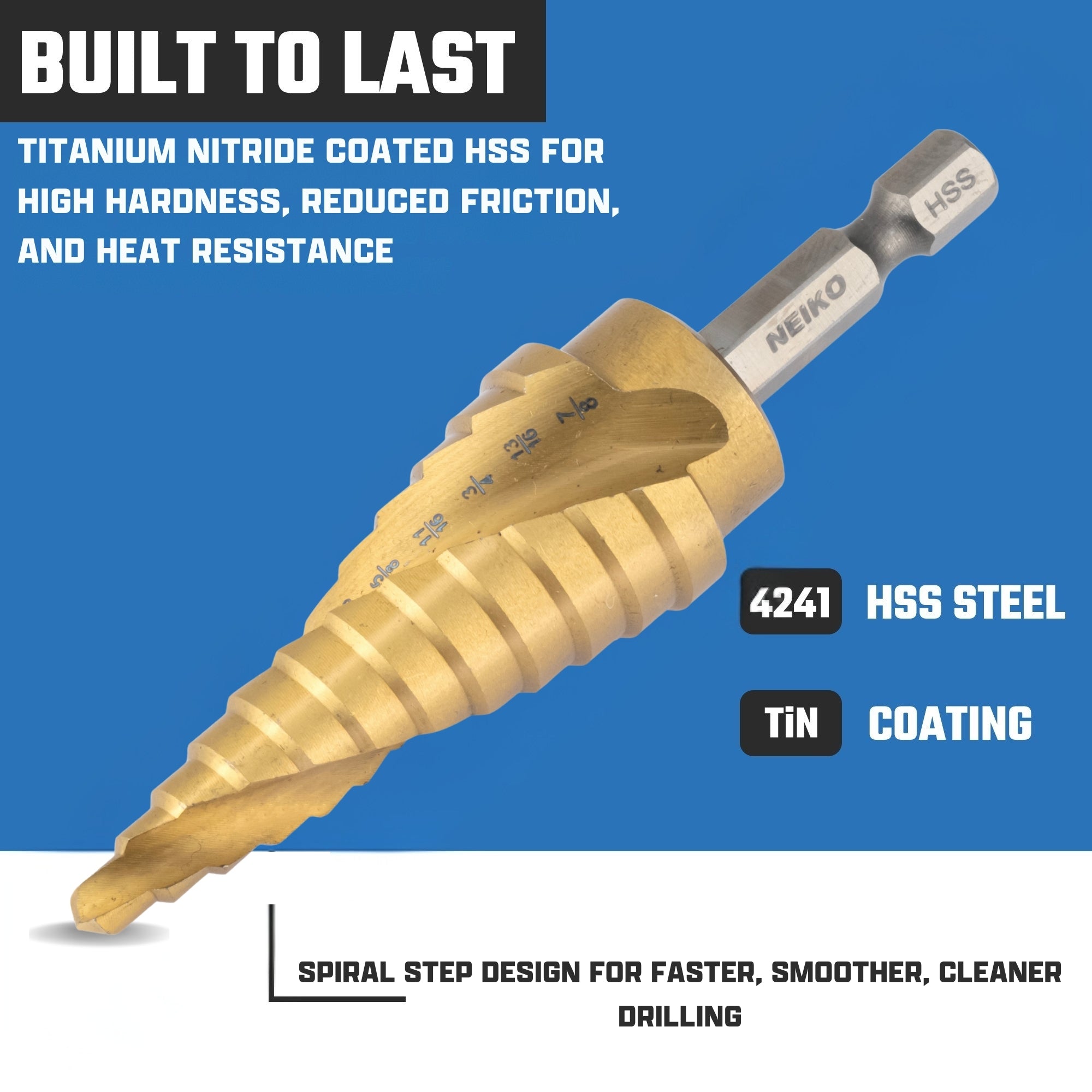 NEIKO 10611A Step Drill Bit, 12 Steps 3/16" to 7/8" Spiral High Speed Steel, Titanium Nitride Coated, 1/4" Quick Change Step Bits for Steel, Metal, Wood, Plastic, Unibit Cone Drill Bits, Two Flute