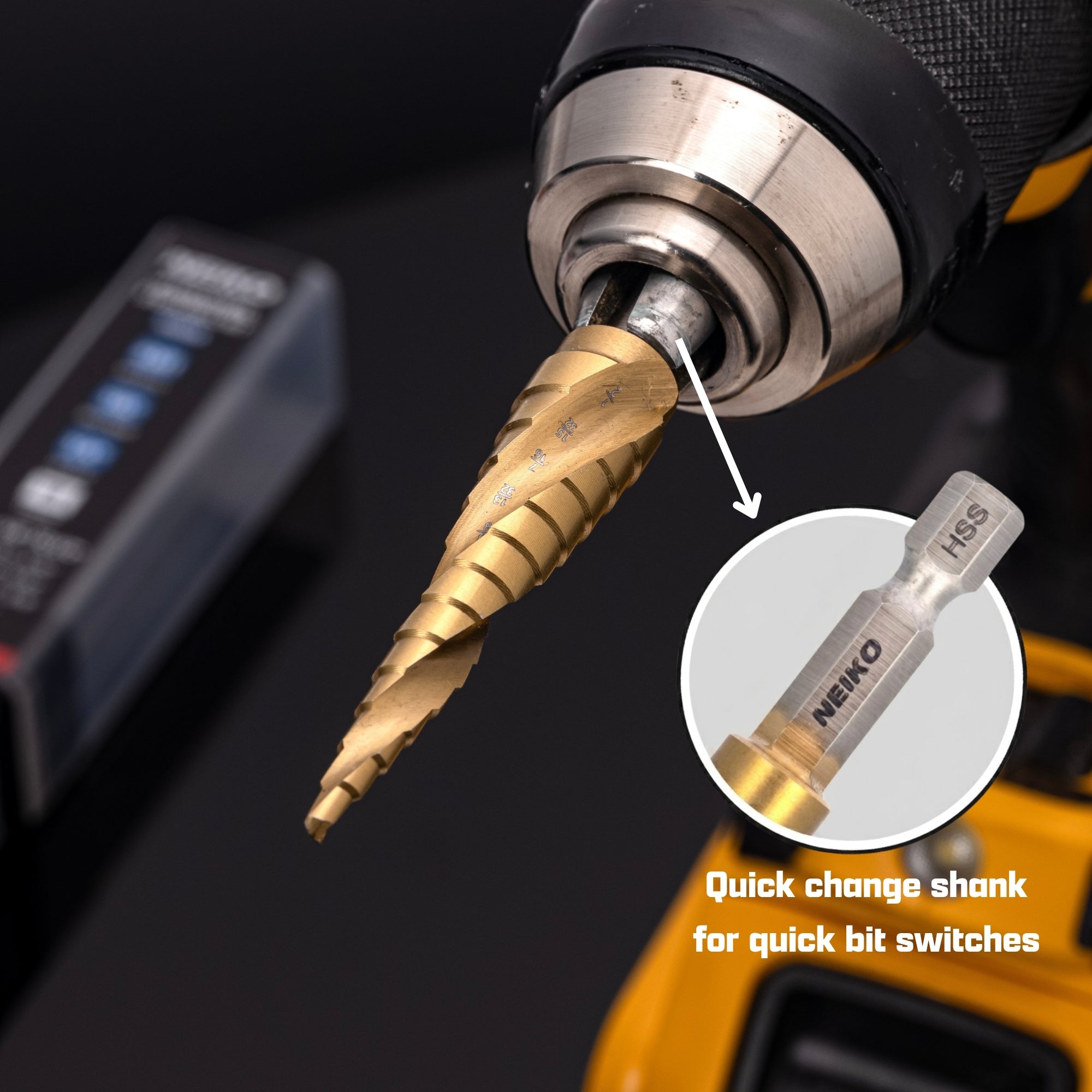 NEIKO 10611A Step Drill Bit, 12 Steps 3/16" to 7/8" Spiral High Speed Steel, Titanium Nitride Coated, 1/4" Quick Change Step Bits for Steel, Metal, Wood, Plastic, Unibit Cone Drill Bits, Two Flute