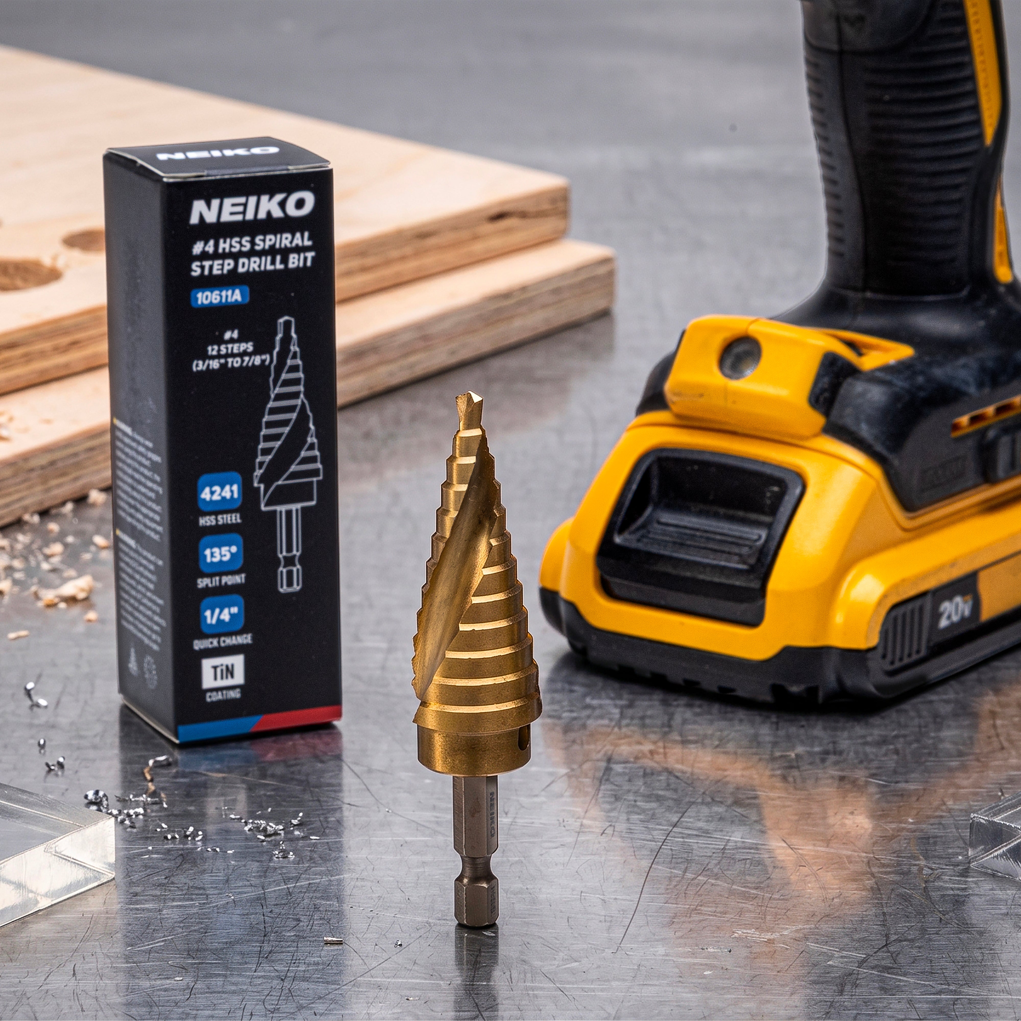 NEIKO 10611A Step Drill Bit, 12 Steps 3/16" to 7/8" Spiral High Speed Steel, Titanium Nitride Coated, 1/4" Quick Change Step Bits for Steel, Metal, Wood, Plastic, Unibit Cone Drill Bits, Two Flute