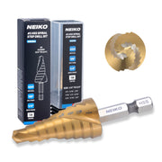 NEIKO 10608A Step Drill Bit, 9 Steps 1/4" to 3/4" Spiral High Speed Steel, Titanium Nitride Coated, 1/4" Quick Change Step Bits for Steel, Metal, Wood, Plastic, Unibit Cone Drill Bits, Two Flute