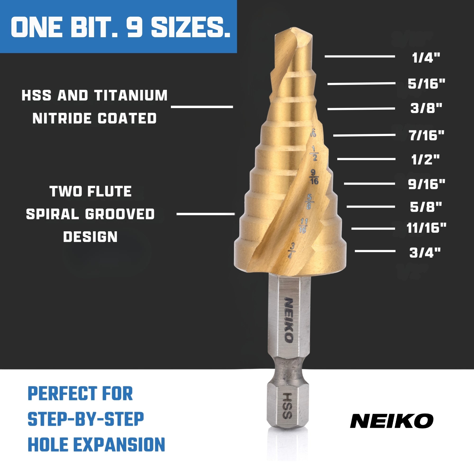 NEIKO 10608A Step Drill Bit, 9 Steps 1/4" to 3/4" Spiral High Speed Steel, Titanium Nitride Coated, 1/4" Quick Change Step Bits for Steel, Metal, Wood, Plastic, Unibit Cone Drill Bits, Two Flute