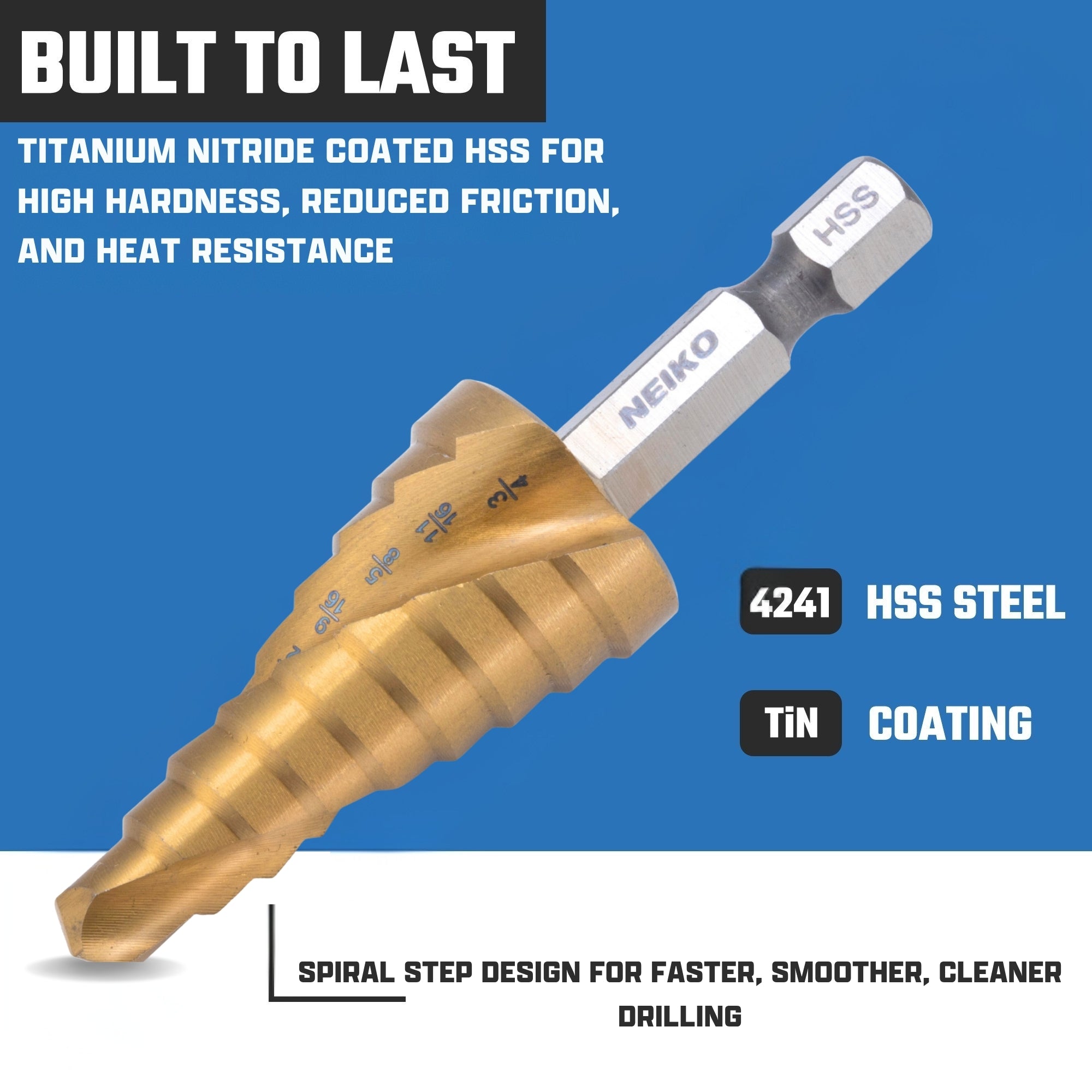 NEIKO 10608A Step Drill Bit, 9 Steps 1/4" to 3/4" Spiral High Speed Steel, Titanium Nitride Coated, 1/4" Quick Change Step Bits for Steel, Metal, Wood, Plastic, Unibit Cone Drill Bits, Two Flute