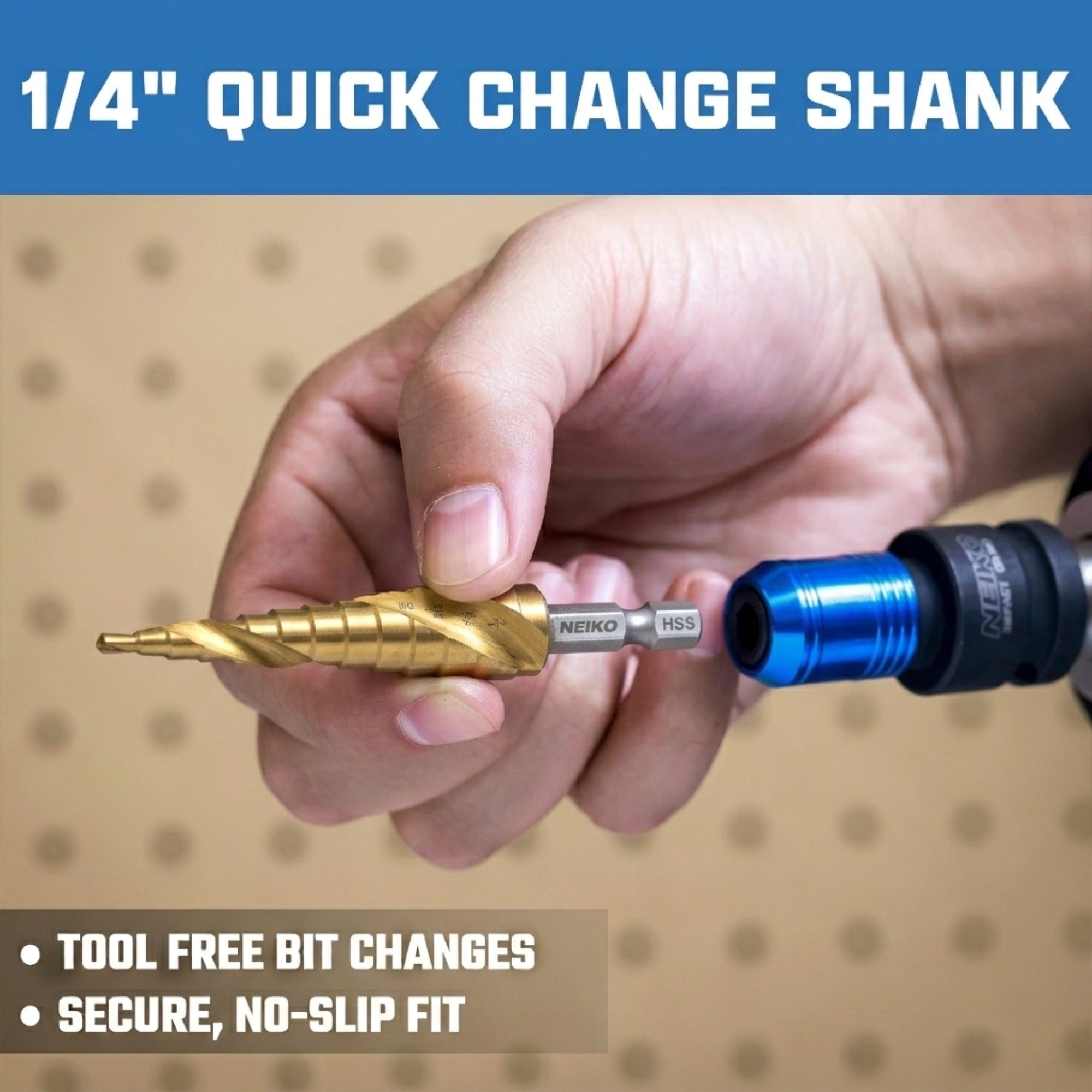NEIKO 10608A Step Drill Bit, 9 Steps 1/4" to 3/4" Spiral High Speed Steel, Titanium Nitride Coated, 1/4" Quick Change Step Bits for Steel, Metal, Wood, Plastic, Unibit Cone Drill Bits, Two Flute
