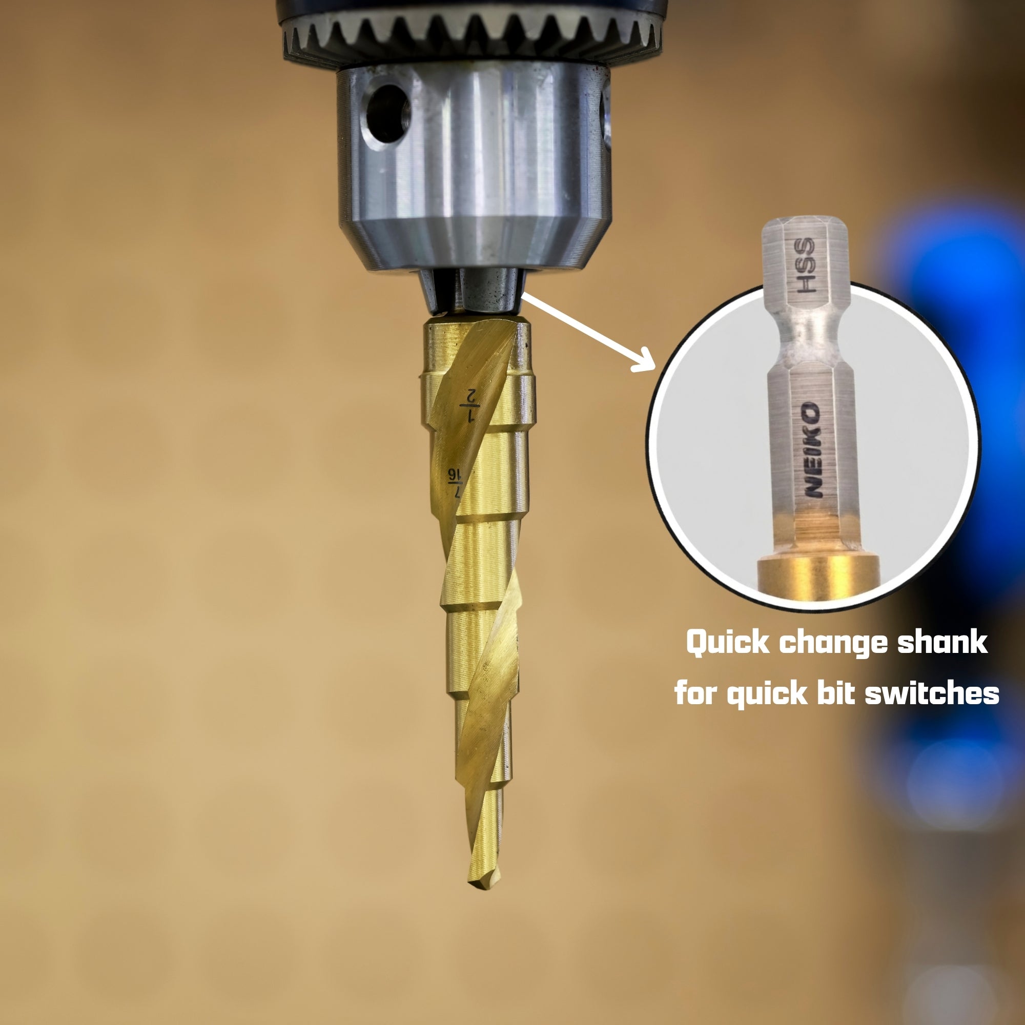 NEIKO 10608A Step Drill Bit, 9 Steps 1/4" to 3/4" Spiral High Speed Steel, Titanium Nitride Coated, 1/4" Quick Change Step Bits for Steel, Metal, Wood, Plastic, Unibit Cone Drill Bits, Two Flute
