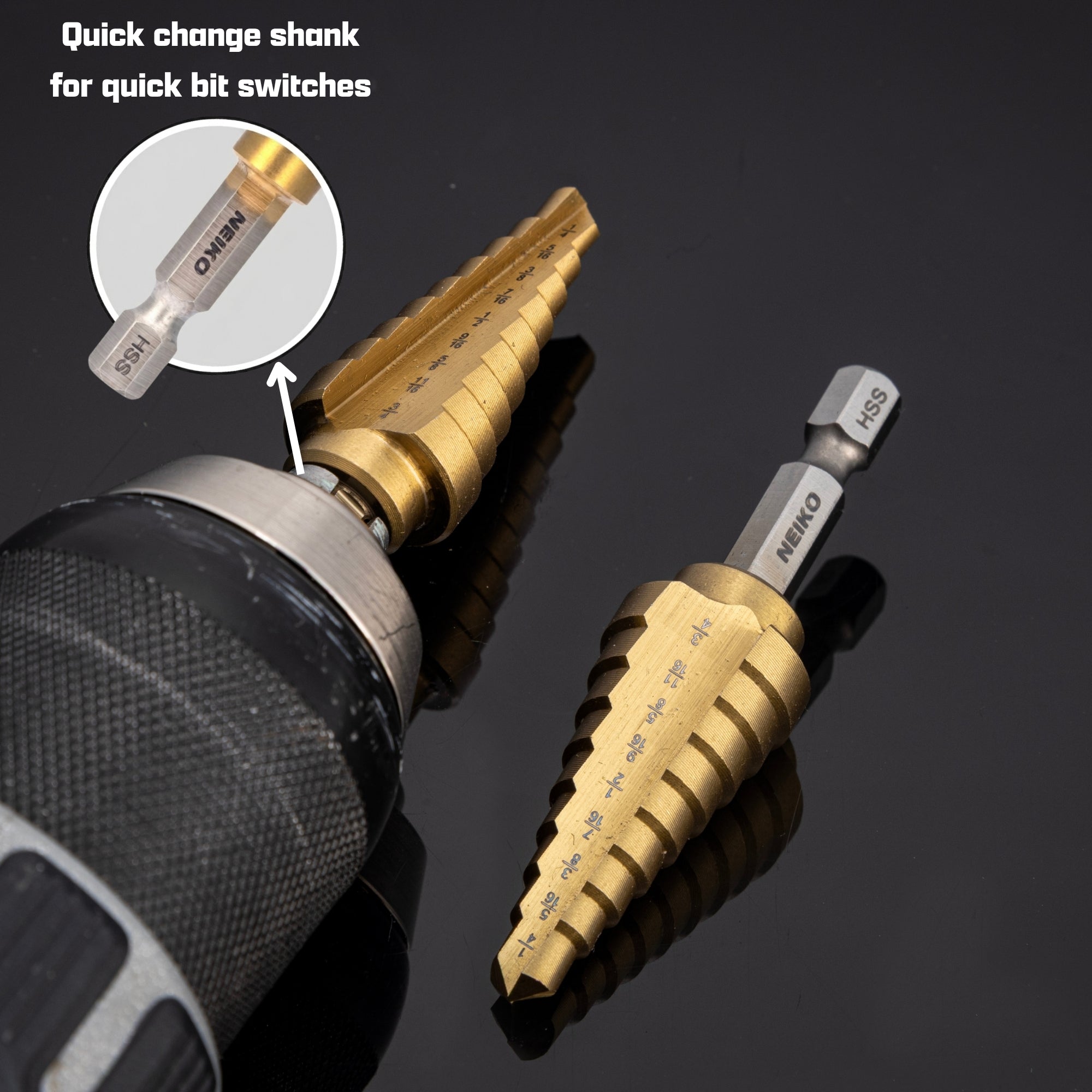 NEIKO 10608A Step Drill Bit, 9 Steps 1/4" to 3/4" Spiral High Speed Steel, Titanium Nitride Coated, 1/4" Quick Change Step Bits for Steel, Metal, Wood, Plastic, Unibit Cone Drill Bits, Two Flute