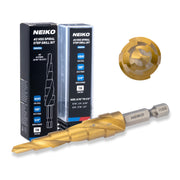 NEIKO 10605A Step Drill Bit, 6 Steps 3/16" to 1/2" Spiral High Speed Steel, Titanium Nitride Coated, 1/4" Quick Change Step Bits for Steel, Metal, Wood, Plastic, Unibit Cone Drill Bits, Two Flute