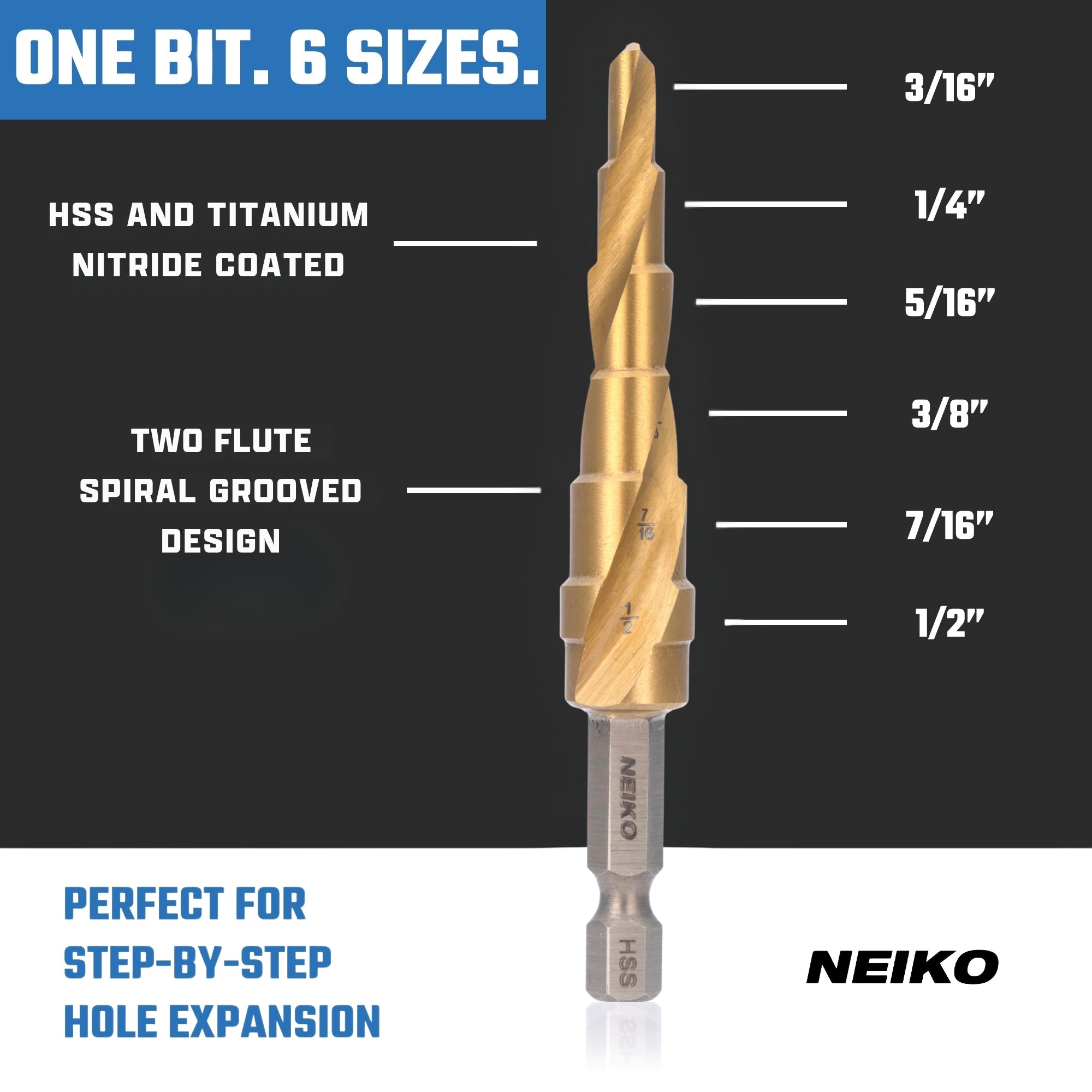 NEIKO 10605A Step Drill Bit, 6 Steps 3/16" to 1/2" Spiral High Speed Steel, Titanium Nitride Coated, 1/4" Quick Change Step Bits for Steel, Metal, Wood, Plastic, Unibit Cone Drill Bits, Two Flute