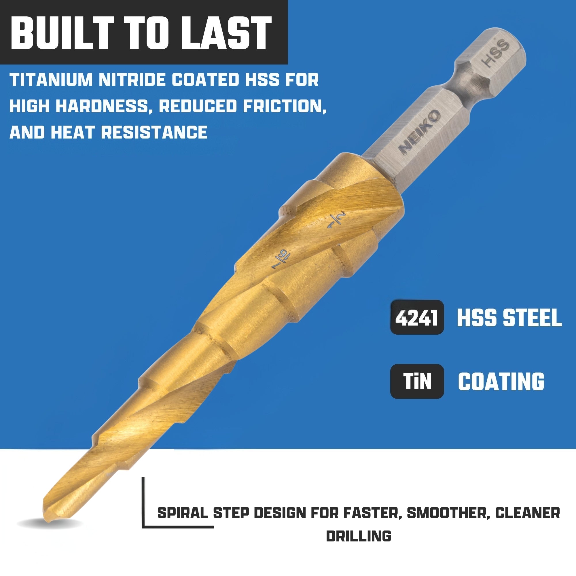 NEIKO 10605A Step Drill Bit, 6 Steps 3/16" to 1/2" Spiral High Speed Steel, Titanium Nitride Coated, 1/4" Quick Change Step Bits for Steel, Metal, Wood, Plastic, Unibit Cone Drill Bits, Two Flute