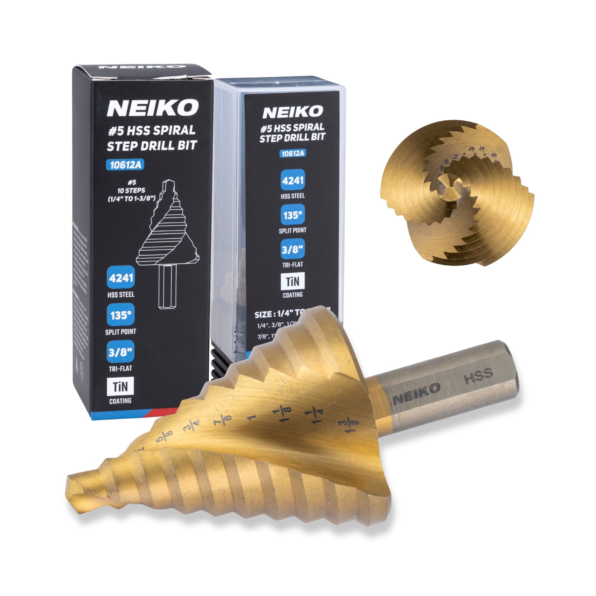 NEIKO 10612A Step Drill Bit, 10 Steps 1/4" to 1-3/8" Spiral High Speed Steel, Titanium Nitride Coated, 3/8" Tri Flat Step Bits for Steel, Metal, Wood, Plastic, Unibit Cone Drill Bits, Two Flute