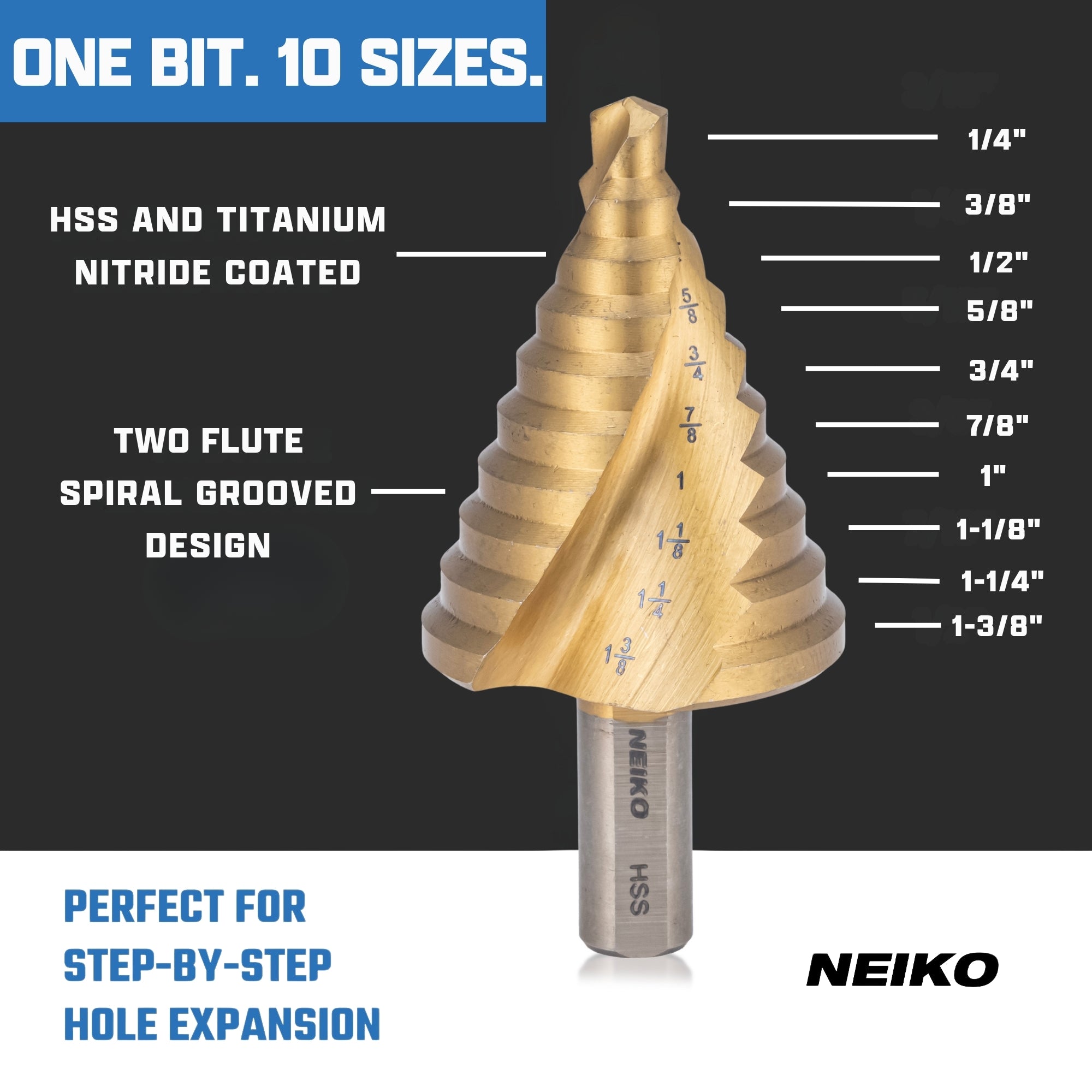 NEIKO 10612A Step Drill Bit, 10 Steps 1/4" to 1-3/8" Spiral High Speed Steel, Titanium Nitride Coated, 3/8" Tri Flat Step Bits for Steel, Metal, Wood, Plastic, Unibit Cone Drill Bits, Two Flute