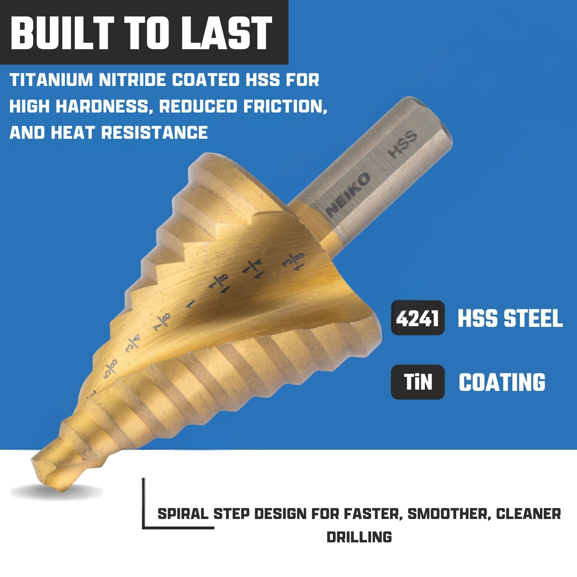 NEIKO 10612A Step Drill Bit, 10 Steps 1/4" to 1-3/8" Spiral High Speed Steel, Titanium Nitride Coated, 3/8" Tri Flat Step Bits for Steel, Metal, Wood, Plastic, Unibit Cone Drill Bits, Two Flute