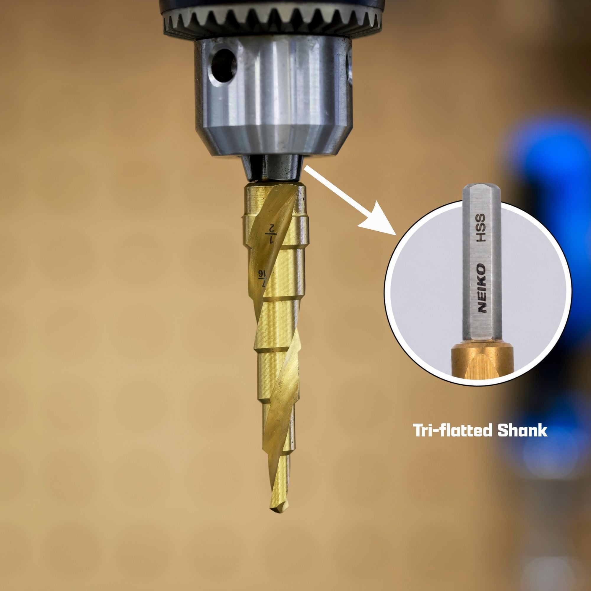 NEIKO 10612A Step Drill Bit, 10 Steps 1/4" to 1-3/8" Spiral High Speed Steel, Titanium Nitride Coated, 3/8" Tri Flat Step Bits for Steel, Metal, Wood, Plastic, Unibit Cone Drill Bits, Two Flute
