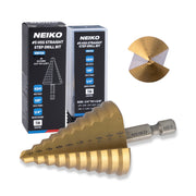 NEIKO 10613A Step Drill Bit, 10 Steps 1/4" to 1-3/8" Straight High Speed Steel, Titanium Nitride Coated, 1/4" Quick Change Step Bits for Steel, Metal, Wood, Plastic, Unibit Cone Drill Bits, Two Flute
