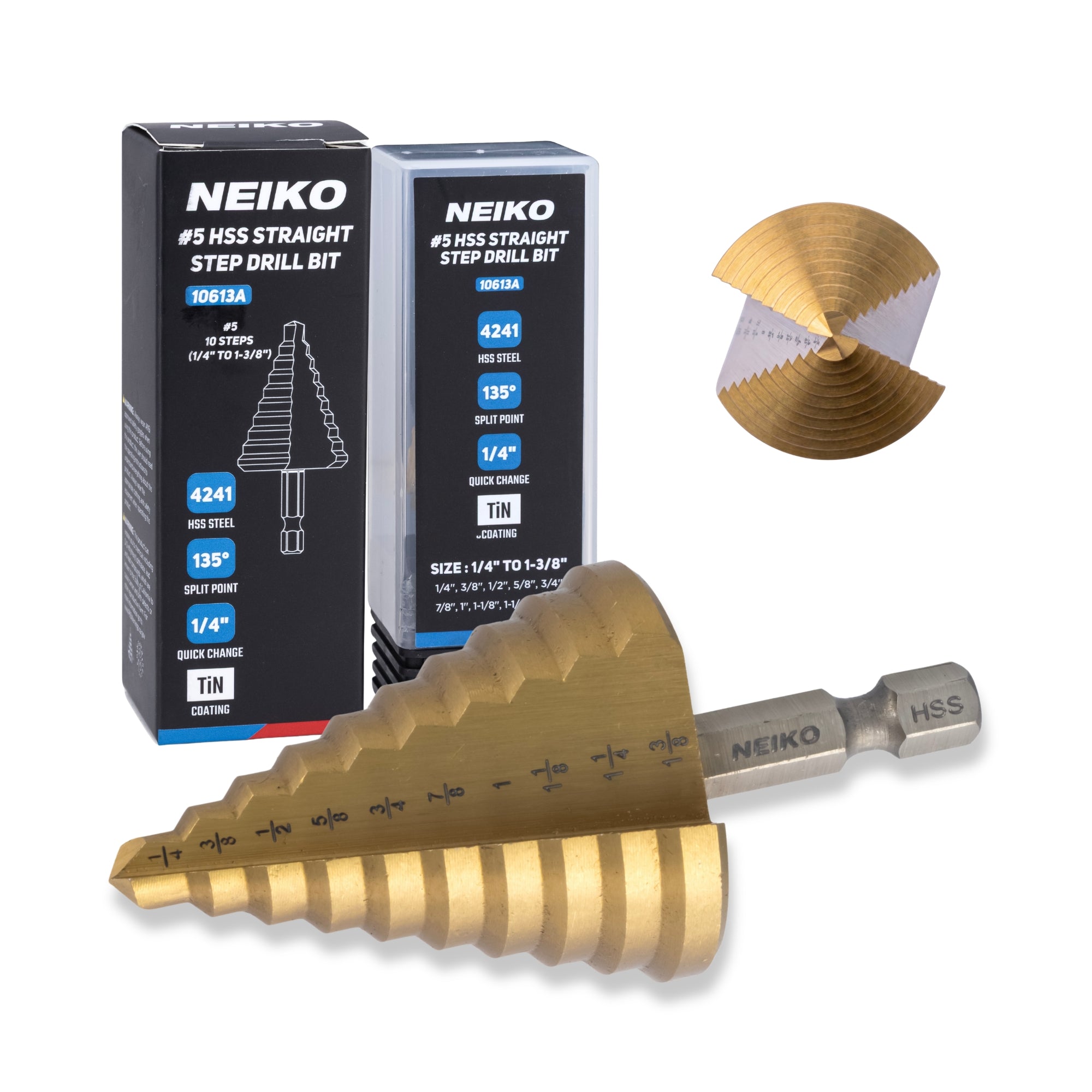 NEIKO 10613A Step Drill Bit, 10 Steps 1/4" to 1-3/8" Straight High Speed Steel, Titanium Nitride Coated, 1/4" Quick Change Step Bits for Steel, Metal, Wood, Plastic, Unibit Cone Drill Bits, Two Flute