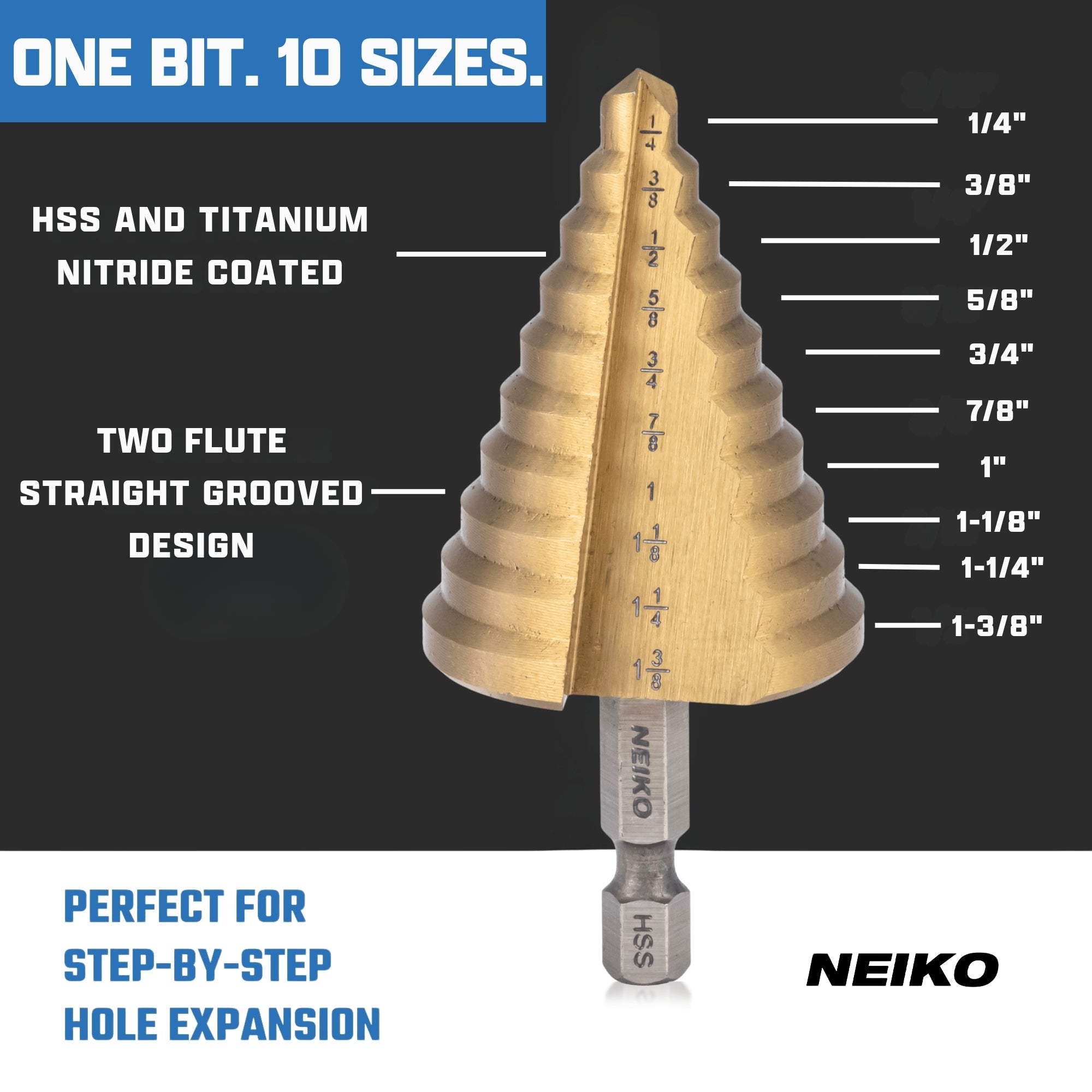 NEIKO 10613A Step Drill Bit, 10 Steps 1/4" to 1-3/8" Straight High Speed Steel, Titanium Nitride Coated, 1/4" Quick Change Step Bits for Steel, Metal, Wood, Plastic, Unibit Cone Drill Bits, Two Flute