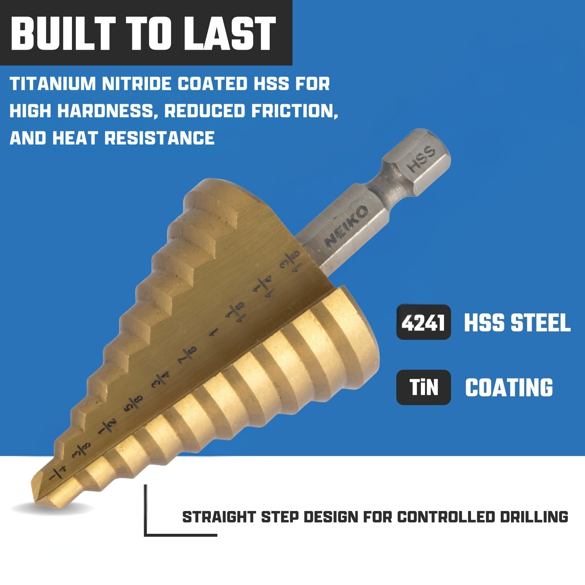 NEIKO 10613A Step Drill Bit, 10 Steps 1/4" to 1-3/8" Straight High Speed Steel, Titanium Nitride Coated, 1/4" Quick Change Step Bits for Steel, Metal, Wood, Plastic, Unibit Cone Drill Bits, Two Flute