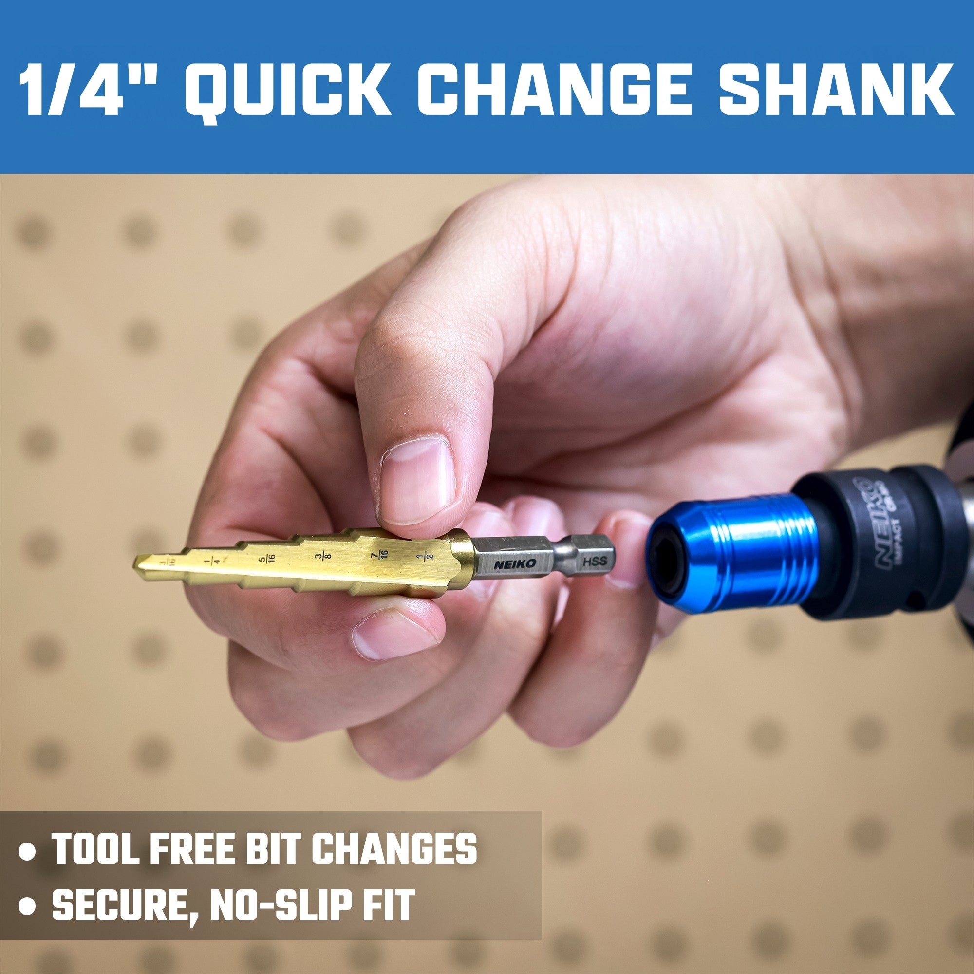 NEIKO 10613A Step Drill Bit, 10 Steps 1/4" to 1-3/8" Straight High Speed Steel, Titanium Nitride Coated, 1/4" Quick Change Step Bits for Steel, Metal, Wood, Plastic, Unibit Cone Drill Bits, Two Flute