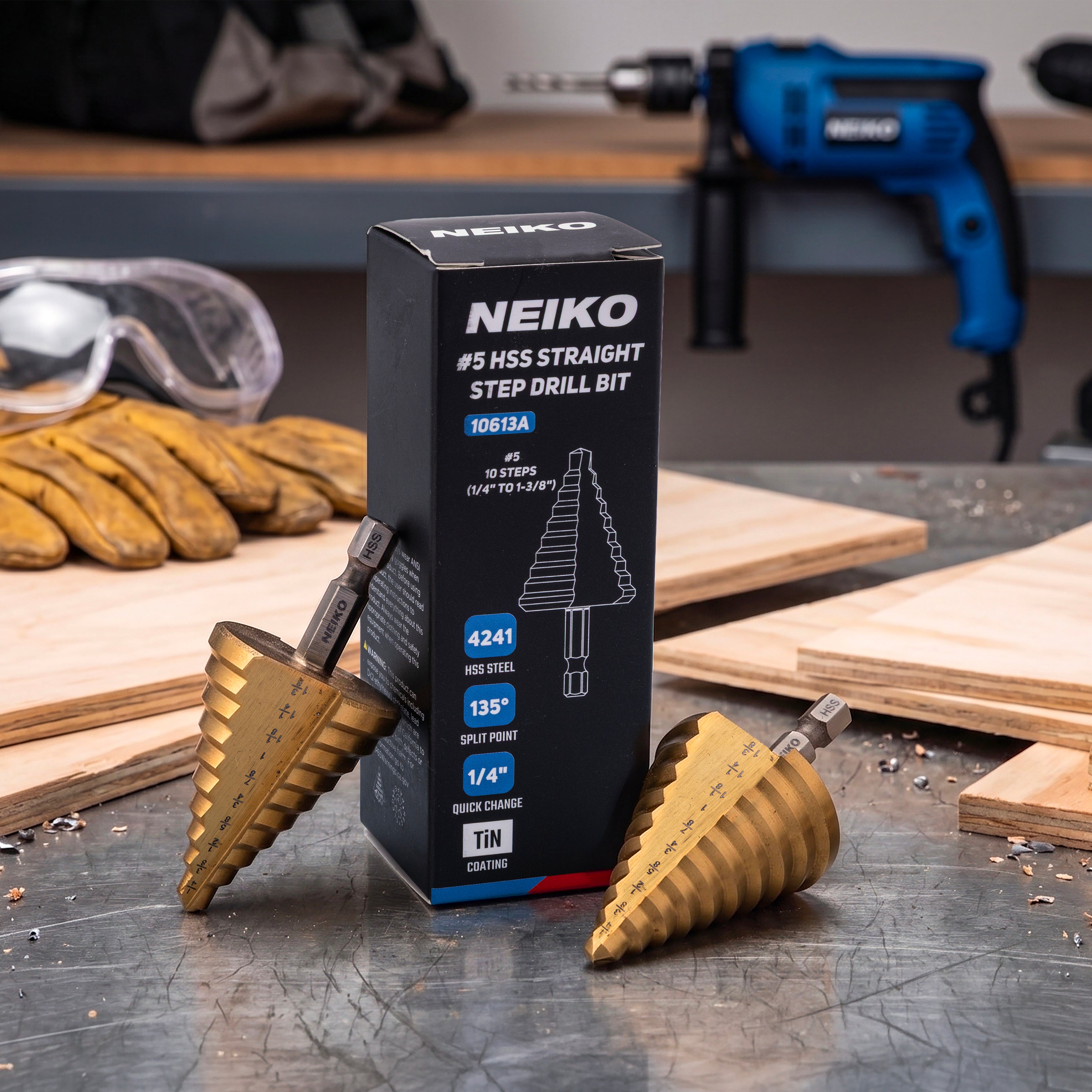NEIKO 10613A Step Drill Bit, 10 Steps 1/4" to 1-3/8" Straight High Speed Steel, Titanium Nitride Coated, 1/4" Quick Change Step Bits for Steel, Metal, Wood, Plastic, Unibit Cone Drill Bits, Two Flute