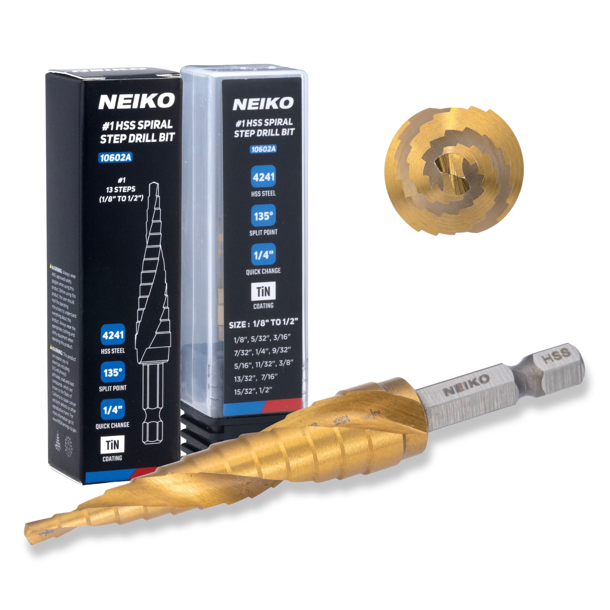 NEIKO 10602A Step Drill Bit, 13 Steps 1/8" to 1/2" Spiral High Speed Steel, Titanium Nitride Coated, 1/4" Quick Change Step Bits for Steel, Metal, Wood, Plastic, Unibit Cone Drill Bits, Two Flute