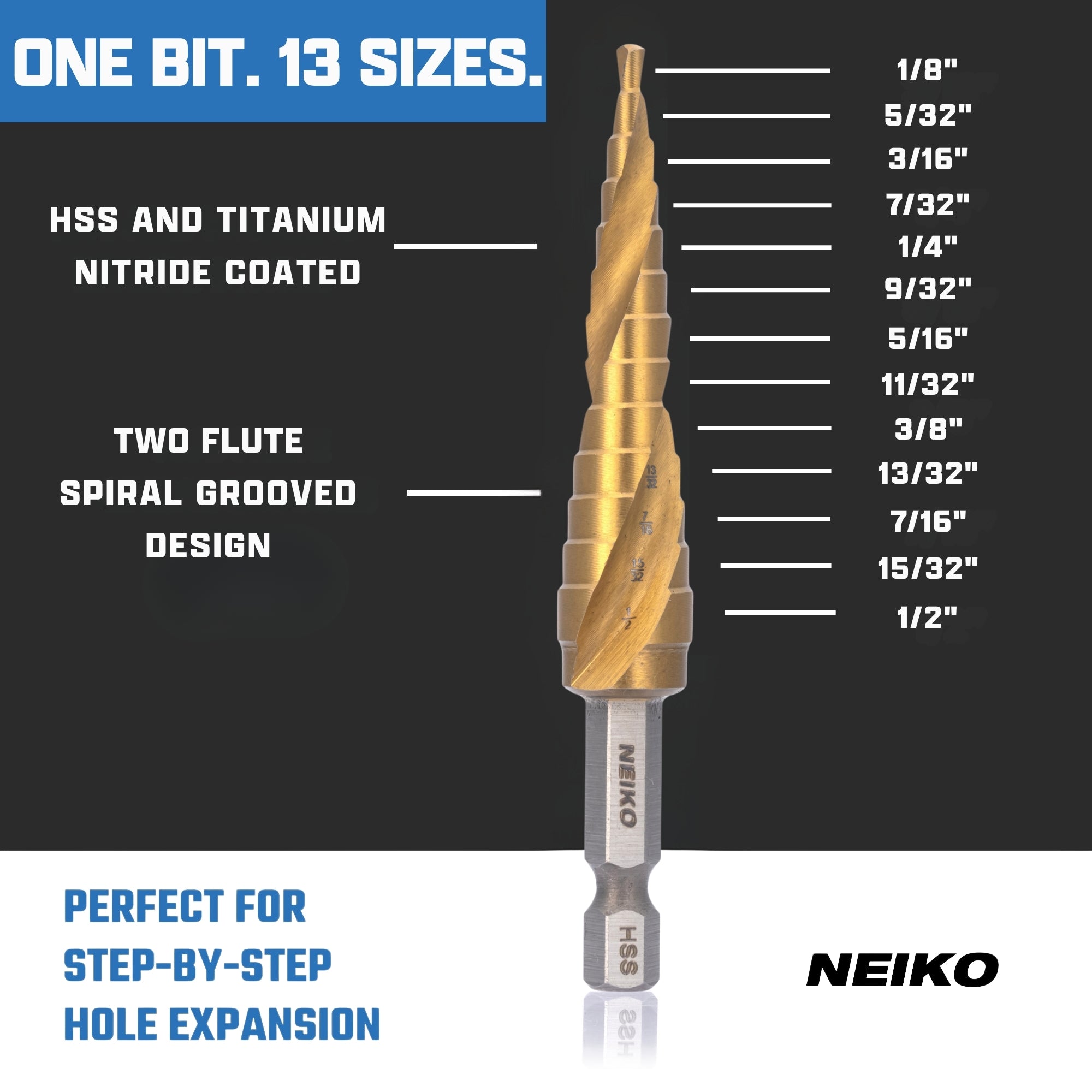 NEIKO 10602A Step Drill Bit, 13 Steps 1/8" to 1/2" Spiral High Speed Steel, Titanium Nitride Coated, 1/4" Quick Change Step Bits for Steel, Metal, Wood, Plastic, Unibit Cone Drill Bits, Two Flute