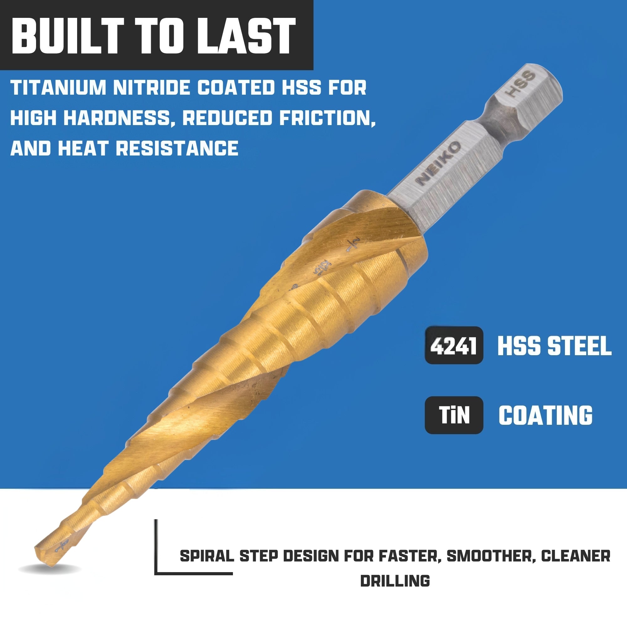 NEIKO 10602A Step Drill Bit, 13 Steps 1/8" to 1/2" Spiral High Speed Steel, Titanium Nitride Coated, 1/4" Quick Change Step Bits for Steel, Metal, Wood, Plastic, Unibit Cone Drill Bits, Two Flute