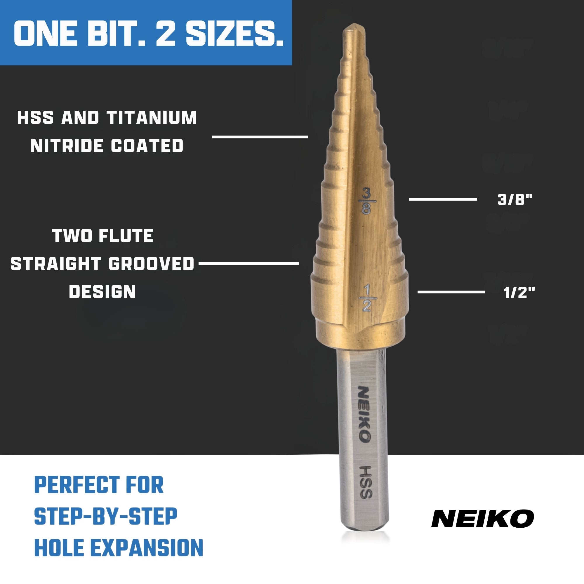 NEIKO 10614A Step Drill Bit, 2 Steps 3/8" to 1/2" Straight High Speed Steel, Titanium Nitride Coated, 1/4" Tri Flat Step Bits for Steel, Metal, Wood, Plastic, Unibit Cone Drill Bits, Two Flute
