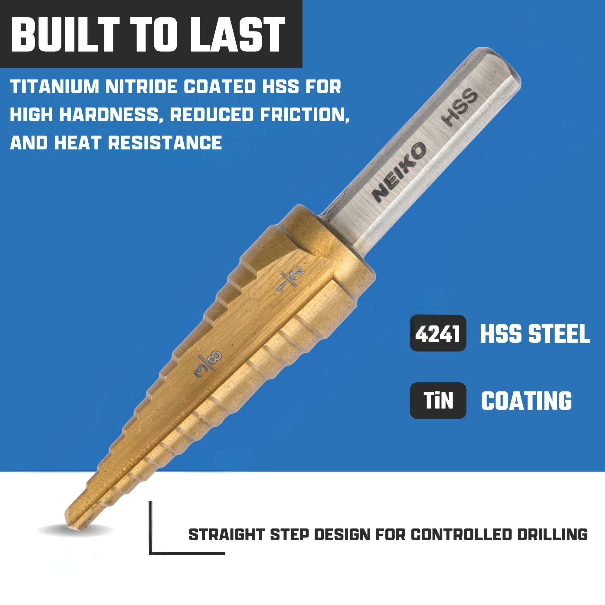 NEIKO 10614A Step Drill Bit, 2 Steps 3/8" to 1/2" Straight High Speed Steel, Titanium Nitride Coated, 1/4" Tri Flat Step Bits for Steel, Metal, Wood, Plastic, Unibit Cone Drill Bits, Two Flute