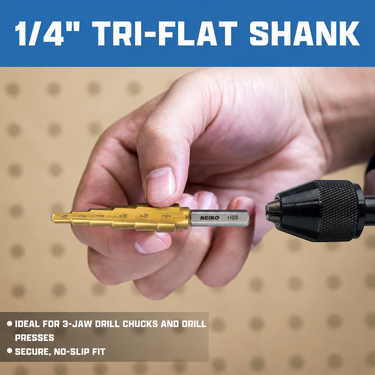 NEIKO 10614A Step Drill Bit, 2 Steps 3/8" to 1/2" Straight High Speed Steel, Titanium Nitride Coated, 1/4" Tri Flat Step Bits for Steel, Metal, Wood, Plastic, Unibit Cone Drill Bits, Two Flute