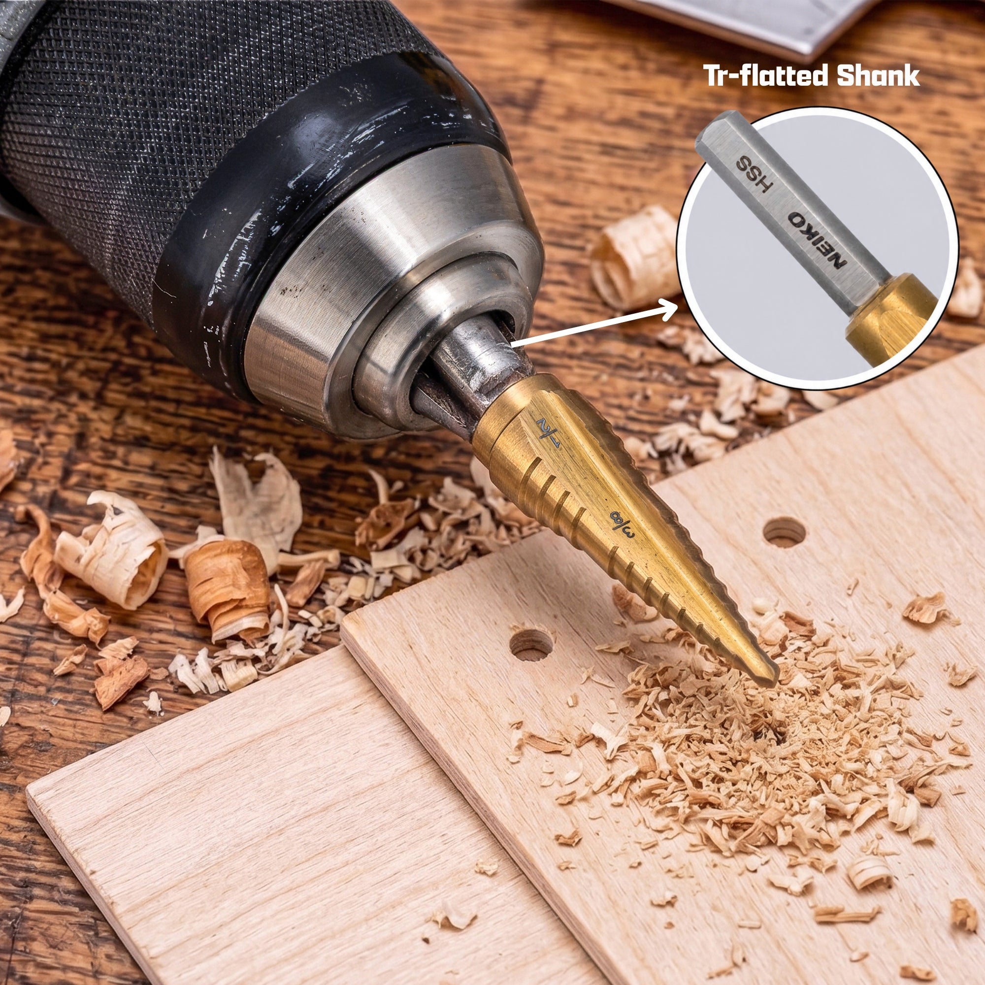 NEIKO 10614A Step Drill Bit, 2 Steps 3/8" to 1/2" Straight High Speed Steel, Titanium Nitride Coated, 1/4" Tri Flat Step Bits for Steel, Metal, Wood, Plastic, Unibit Cone Drill Bits, Two Flute