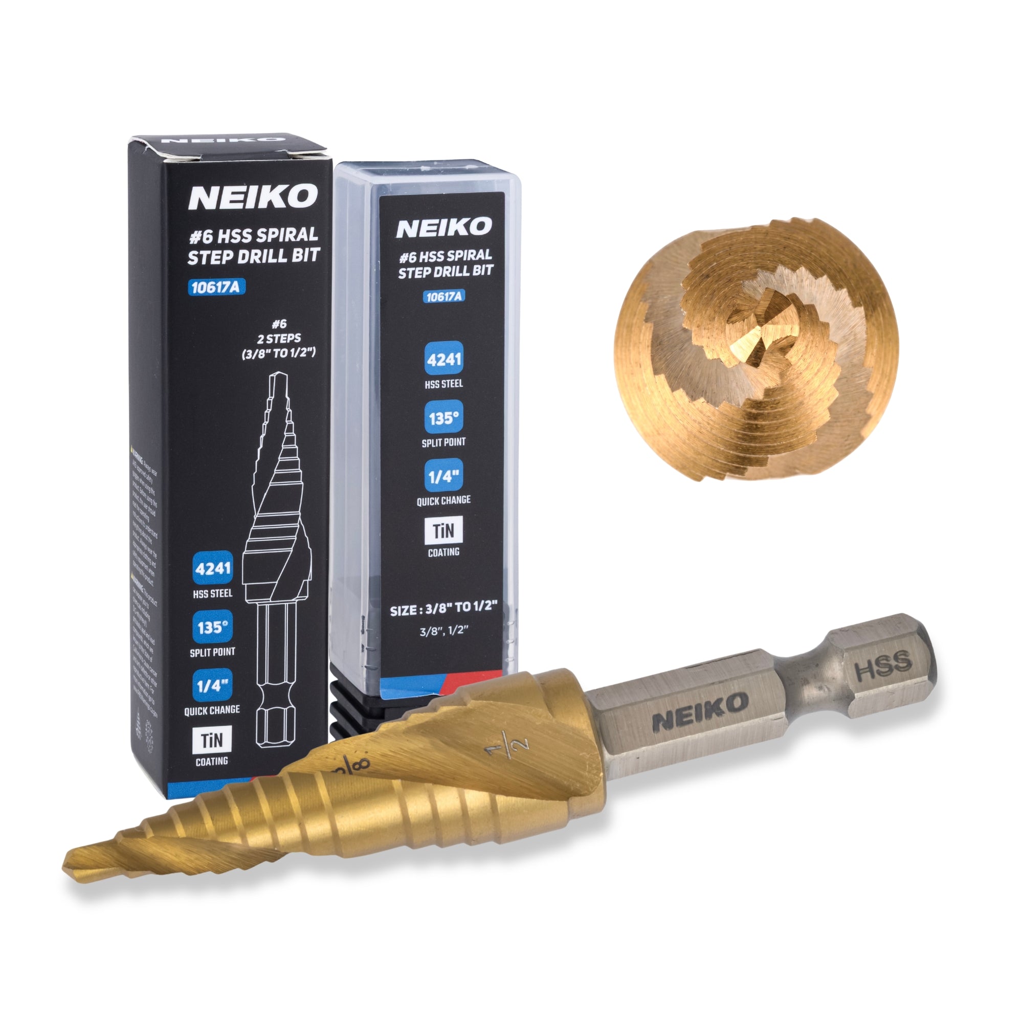 NEIKO 10617A Step Drill Bit, 2 Steps 3/8" to 1/2" Spiral High Speed Steel, Titanium Nitride Coated, 1/4" Quick Change Step Bits for Steel, Metal, Wood, Plastic, Unibit Cone Drill Bits, Two Flute