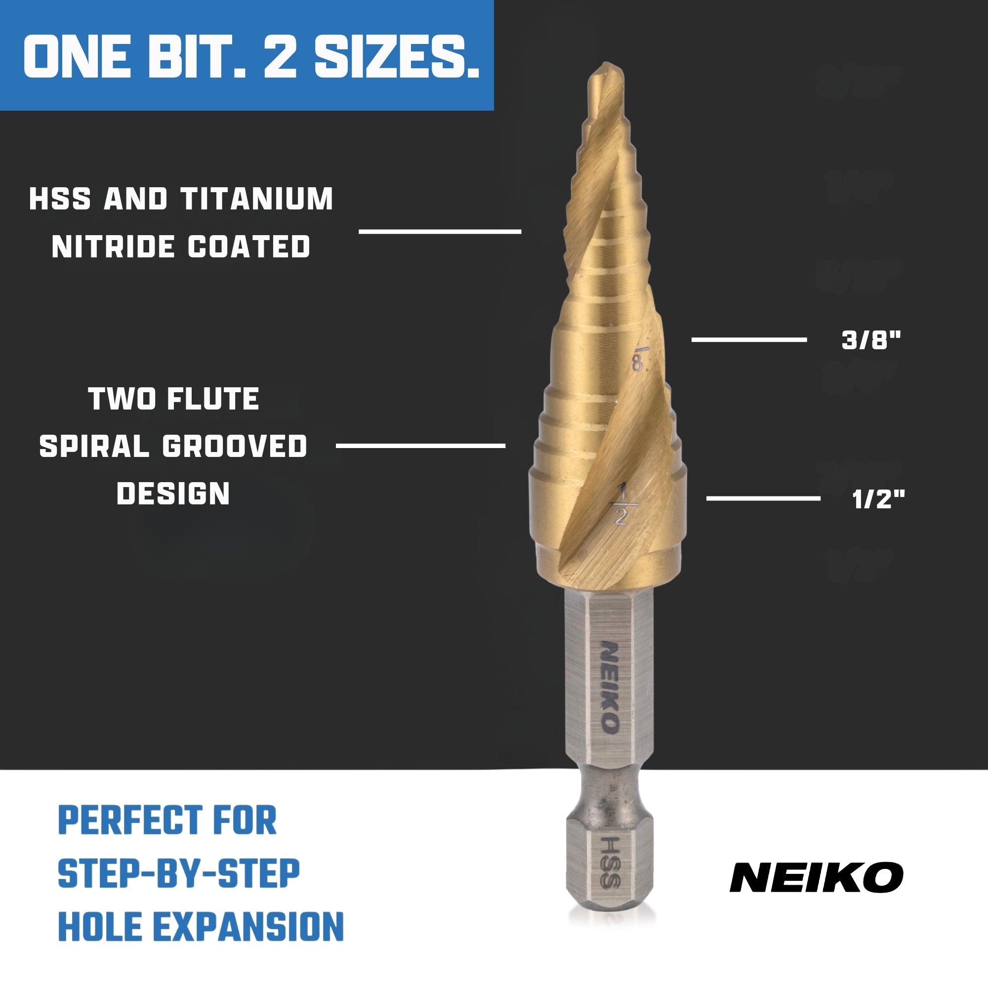 NEIKO 10617A Step Drill Bit, 2 Steps 3/8" to 1/2" Spiral High Speed Steel, Titanium Nitride Coated, 1/4" Quick Change Step Bits for Steel, Metal, Wood, Plastic, Unibit Cone Drill Bits, Two Flute