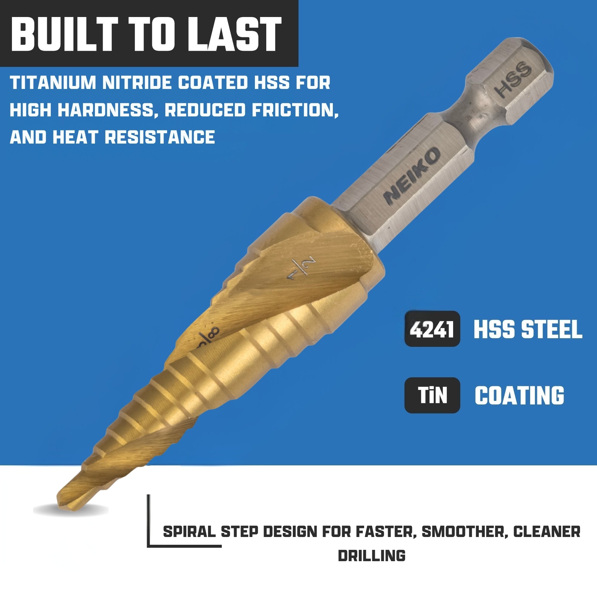 NEIKO 10617A Step Drill Bit, 2 Steps 3/8" to 1/2" Spiral High Speed Steel, Titanium Nitride Coated, 1/4" Quick Change Step Bits for Steel, Metal, Wood, Plastic, Unibit Cone Drill Bits, Two Flute