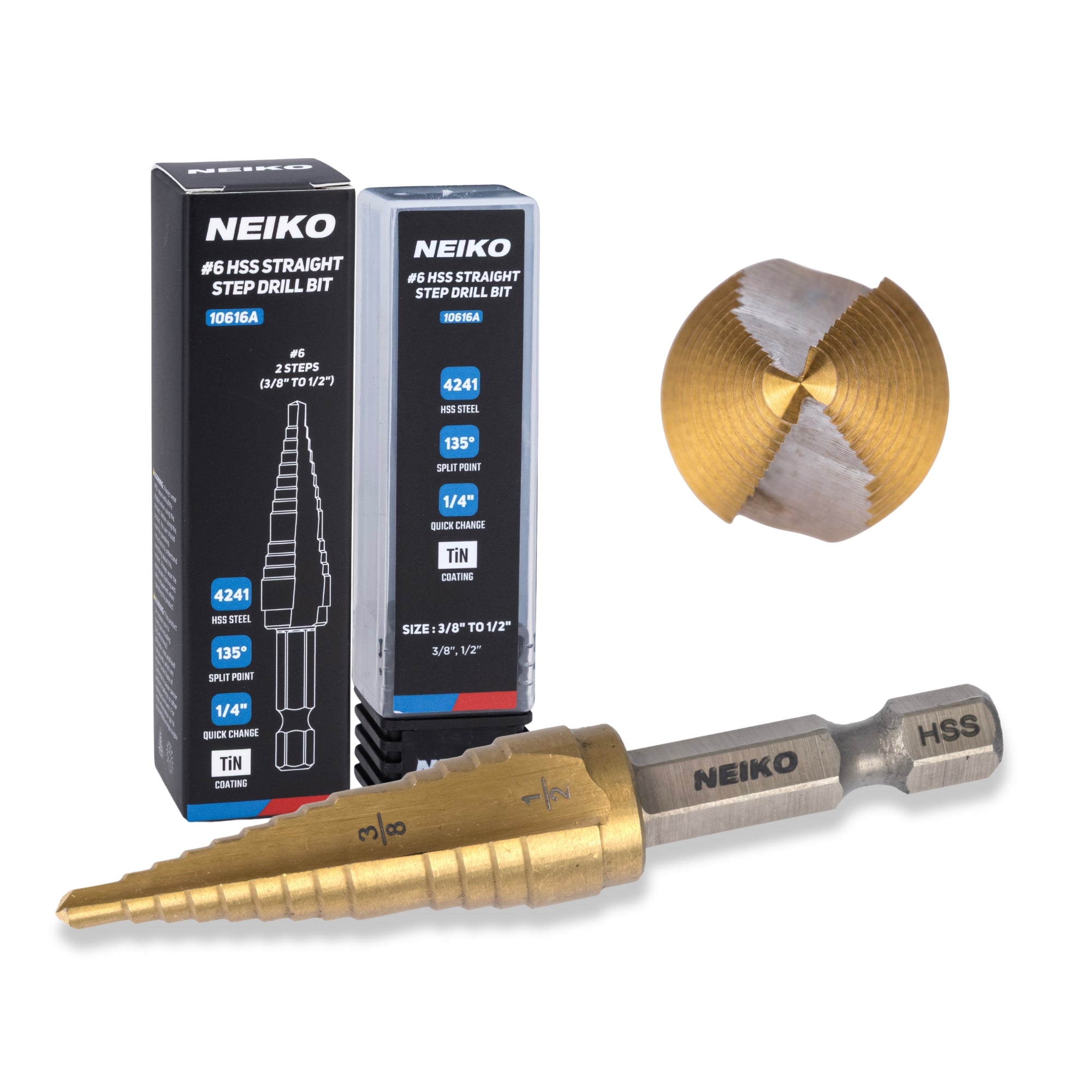 NEIKO 10616A Step Drill Bit, 2 Steps 3/8" to 1/2" Straight High Speed Steel, Titanium Nitride Coated, 1/4" Quick Change Step Bits for Steel, Metal, Wood, Plastic, Unibit Cone Drill Bits, Two Flute