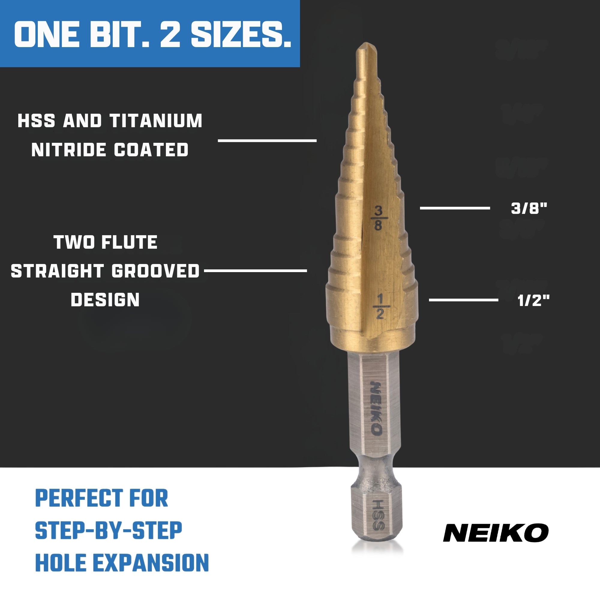 NEIKO 10616A Step Drill Bit, 2 Steps 3/8" to 1/2" Straight High Speed Steel, Titanium Nitride Coated, 1/4" Quick Change Step Bits for Steel, Metal, Wood, Plastic, Unibit Cone Drill Bits, Two Flute