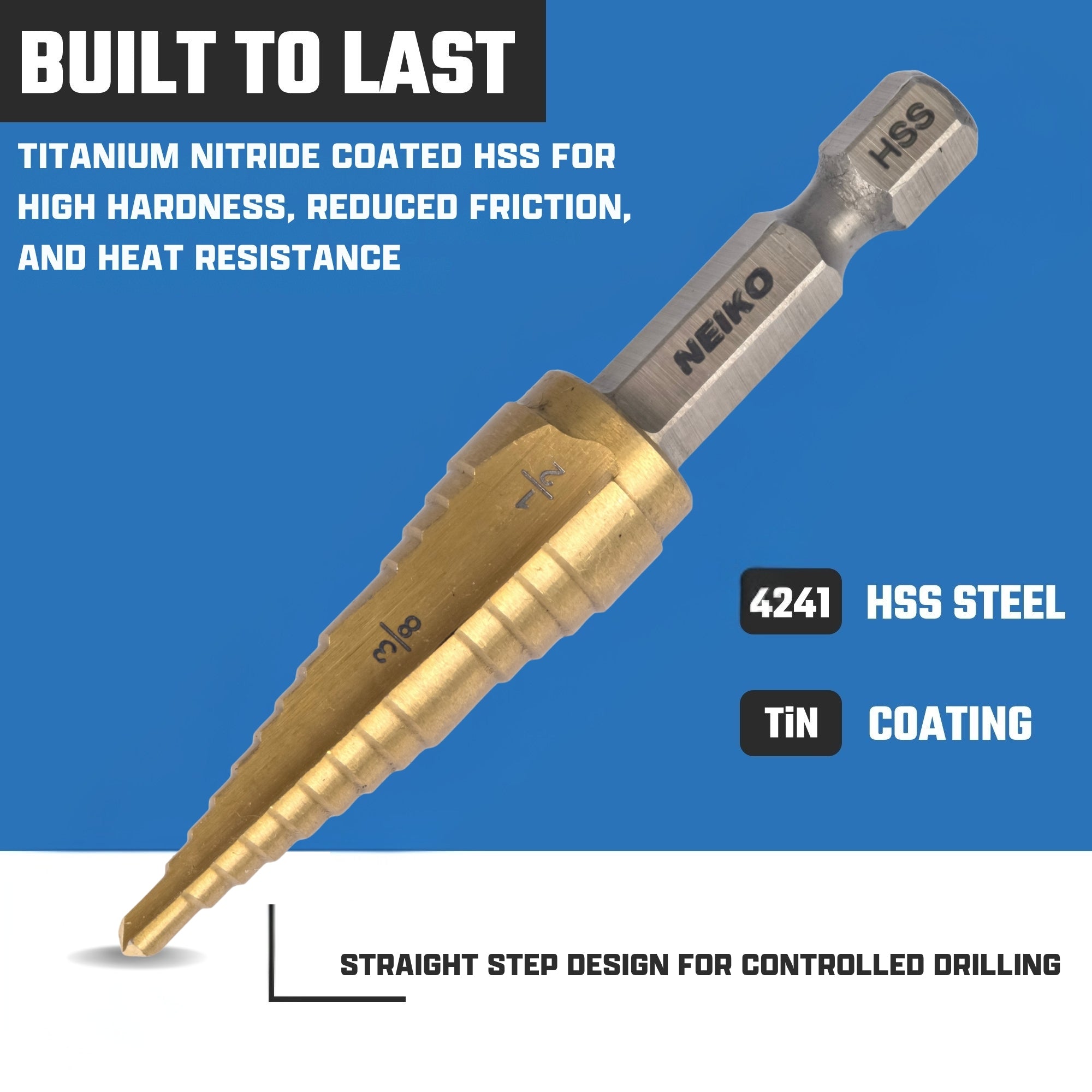NEIKO 10616A Step Drill Bit, 2 Steps 3/8" to 1/2" Straight High Speed Steel, Titanium Nitride Coated, 1/4" Quick Change Step Bits for Steel, Metal, Wood, Plastic, Unibit Cone Drill Bits, Two Flute